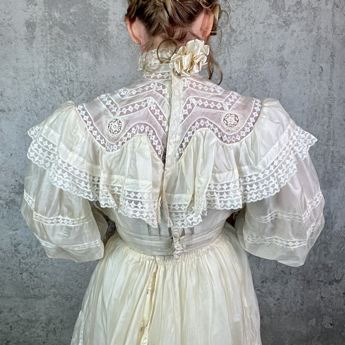 Antique c. 1900 Ivory Silk & Insertion Lace Gibson Girl Two-Piece Dress Set — Museum Quality