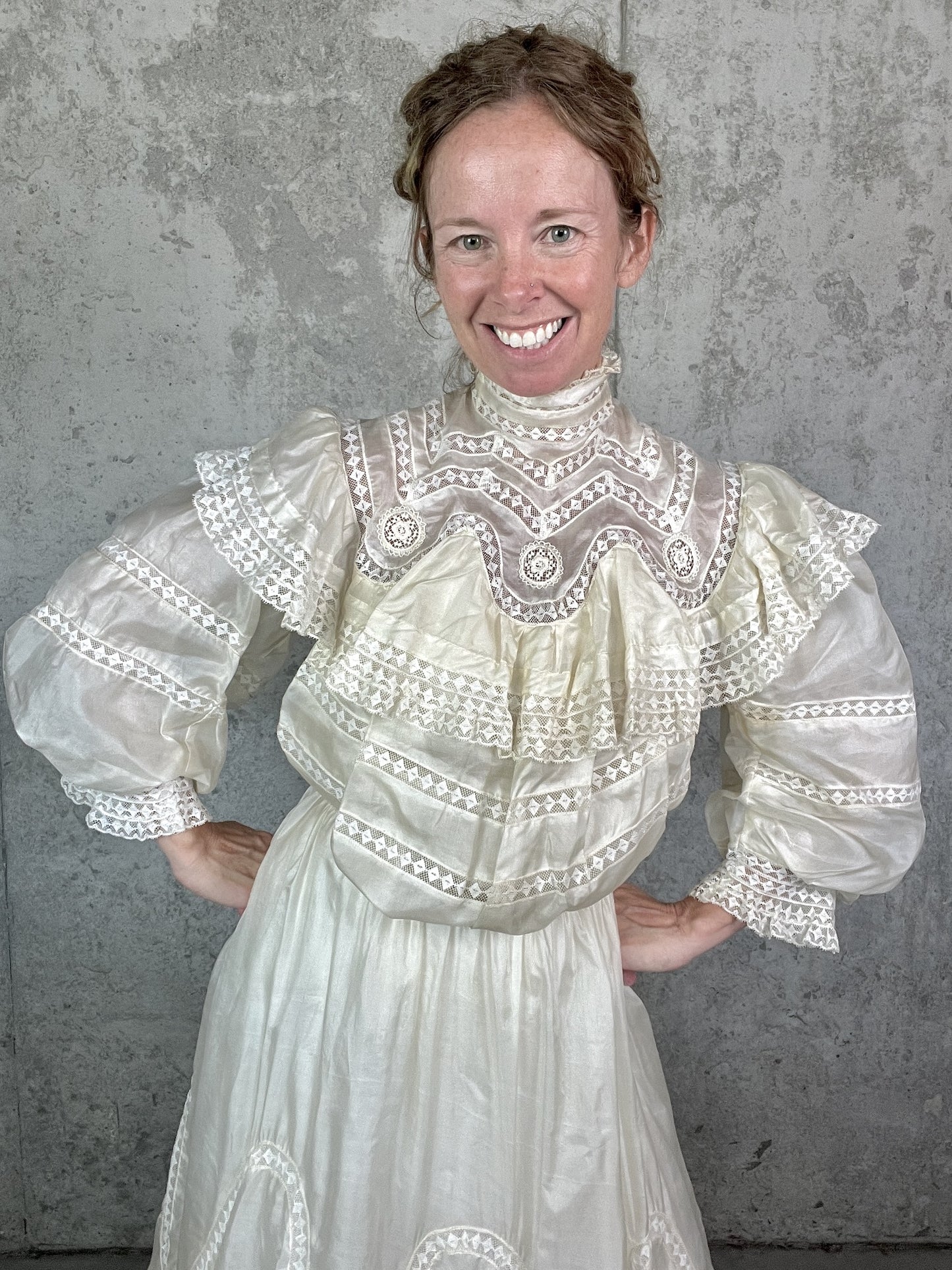 Antique c. 1900 Ivory Silk & Insertion Lace Gibson Girl Two-Piece Dress Set — Museum Quality