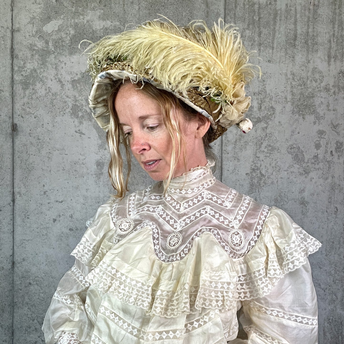 Antique 1900s Edwardian Straw Picture Hat with Ostrich Feather & Millinery Flowers