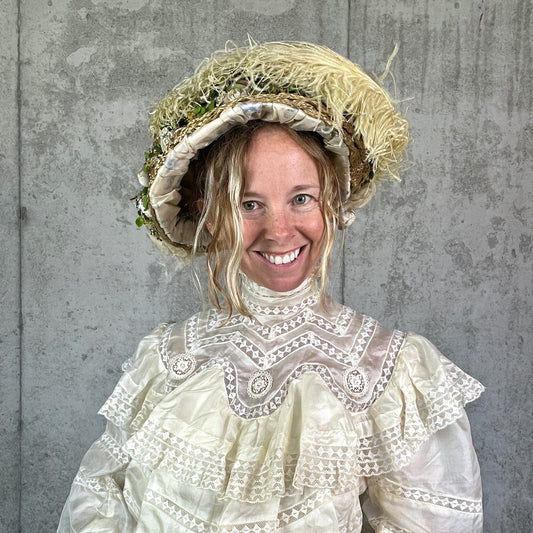 Antique 1900s Edwardian Straw Picture Hat with Ostrich Feather & Millinery Flowers