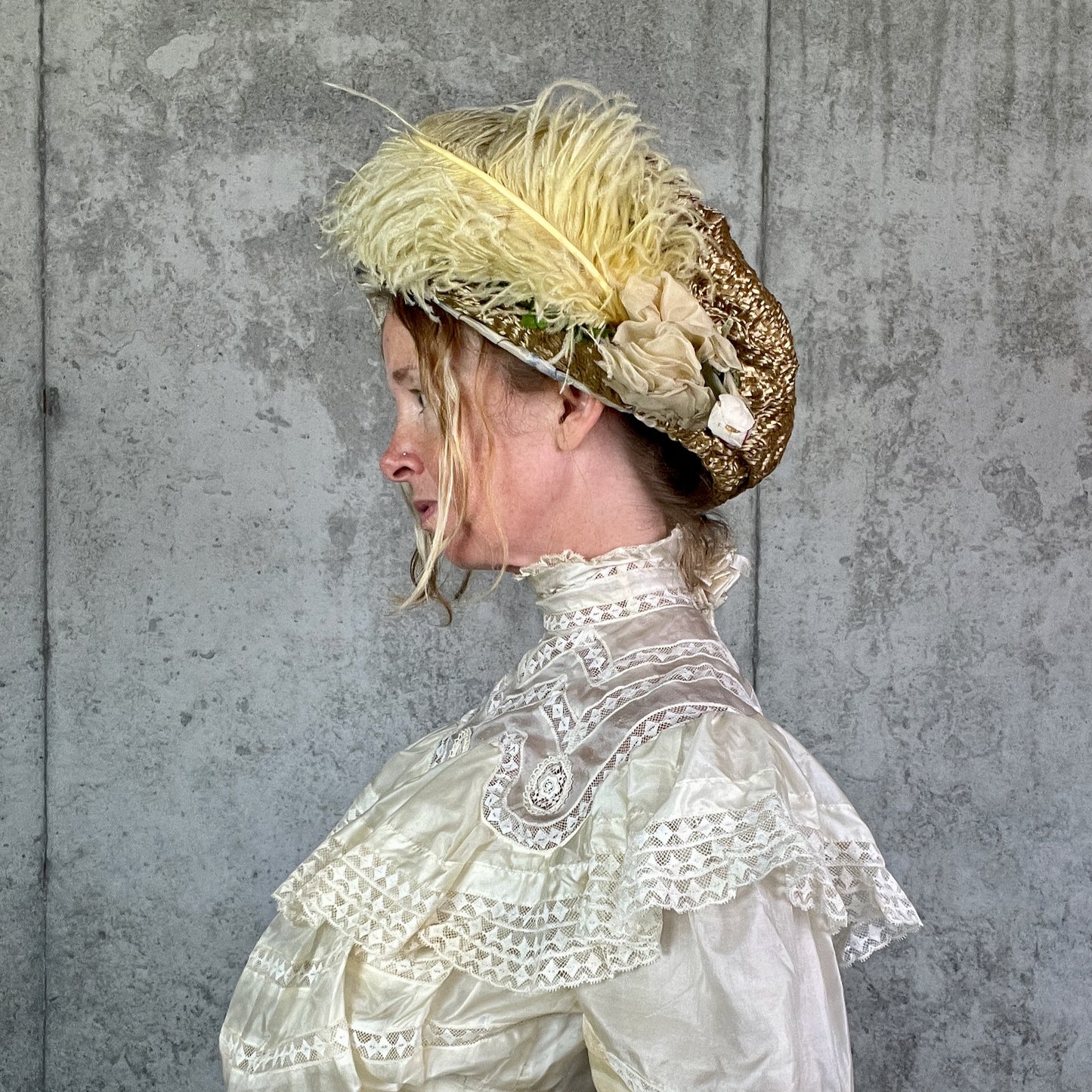 Antique 1900s Edwardian Straw Picture Hat with Ostrich Feather & Millinery Flowers
