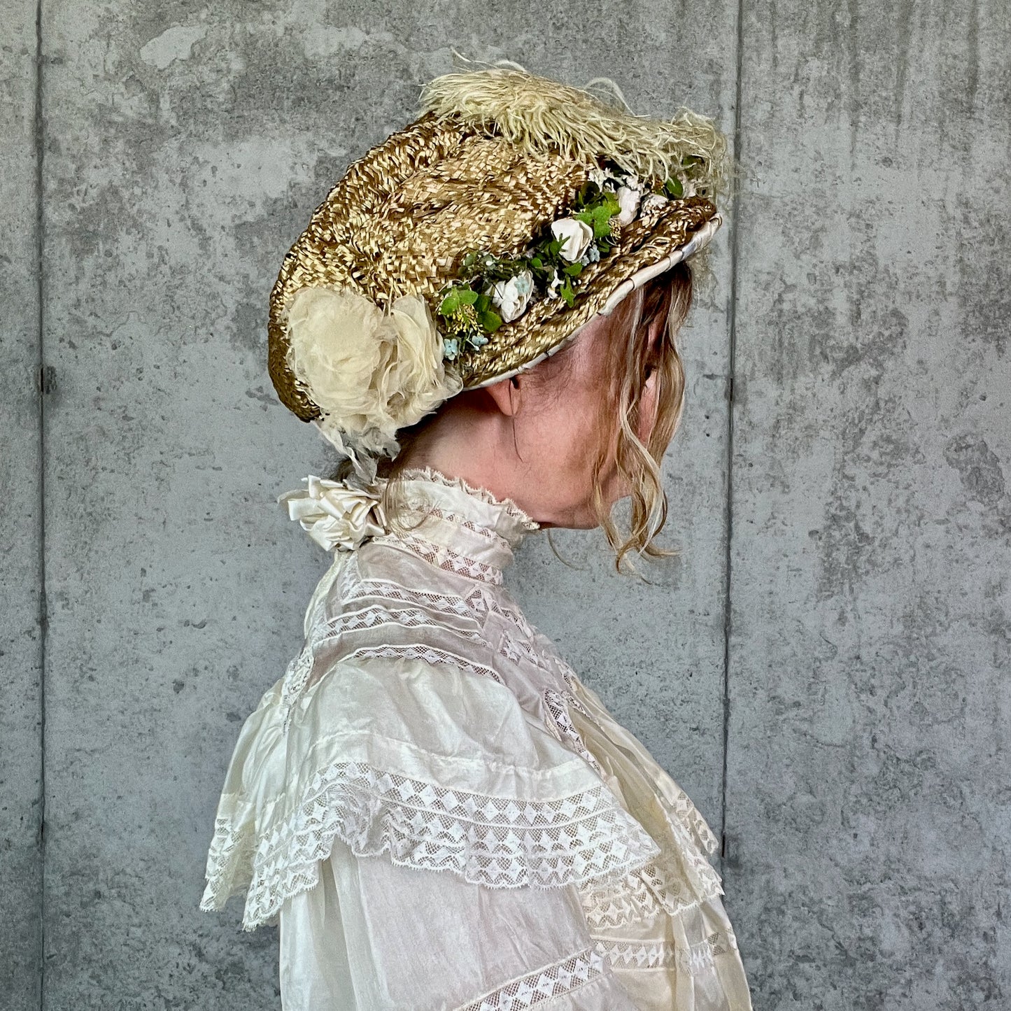 Antique 1900s Edwardian Straw Picture Hat with Ostrich Feather & Millinery Flowers