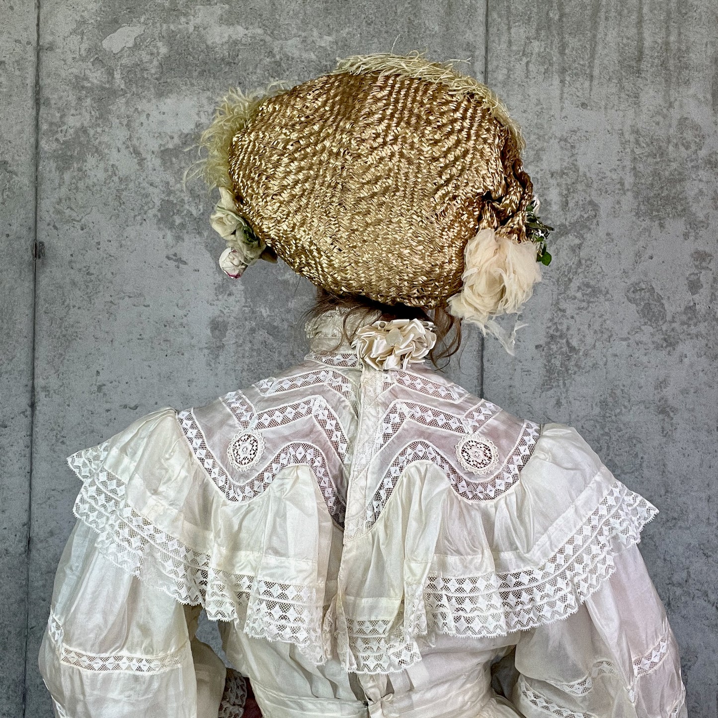 Antique 1900s Edwardian Straw Picture Hat with Ostrich Feather & Millinery Flowers