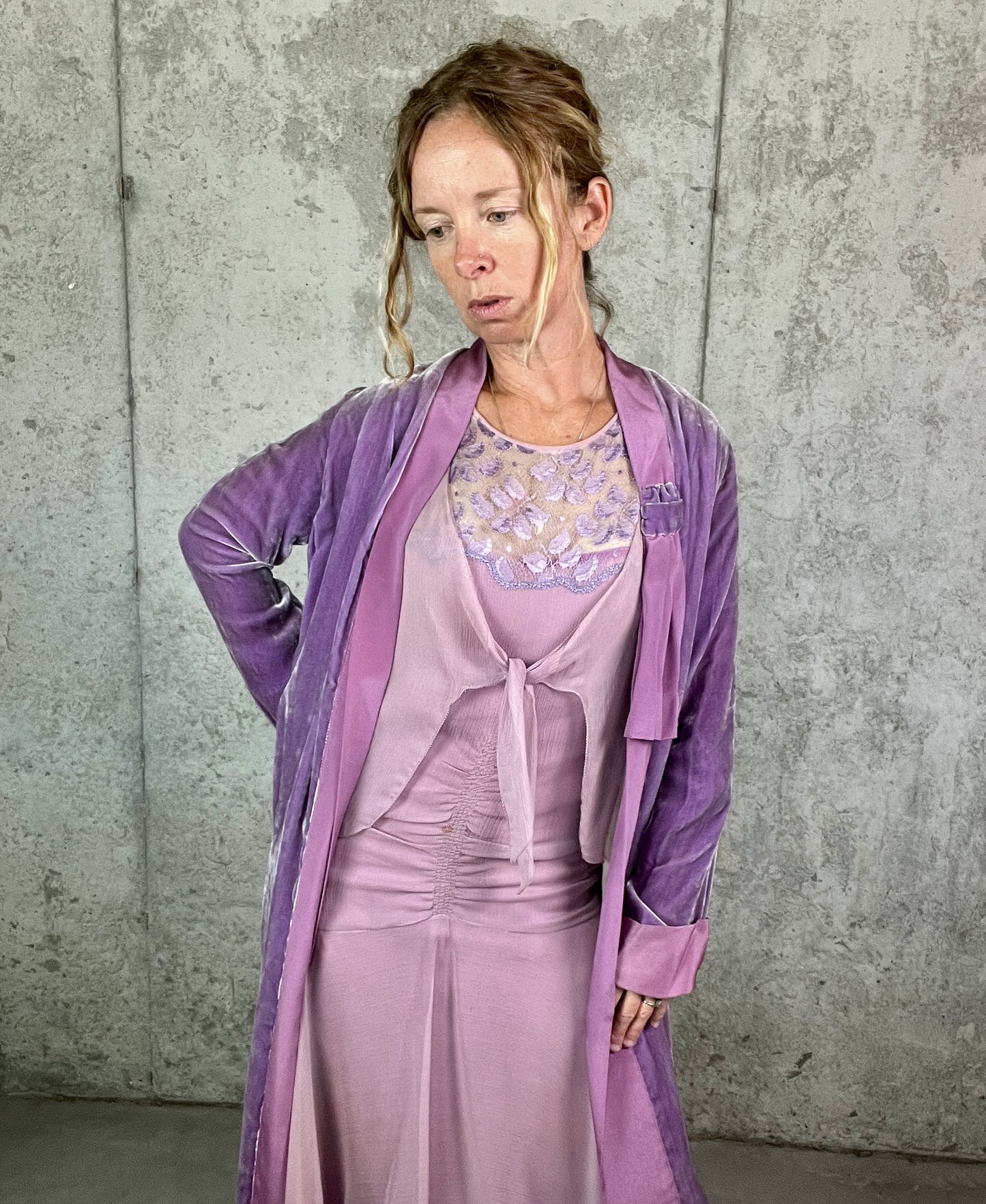 Rare Vintage Late 1920s Lavender Silk Georgette Lace Dress 3 Piece Set with Velvet Evening Coat