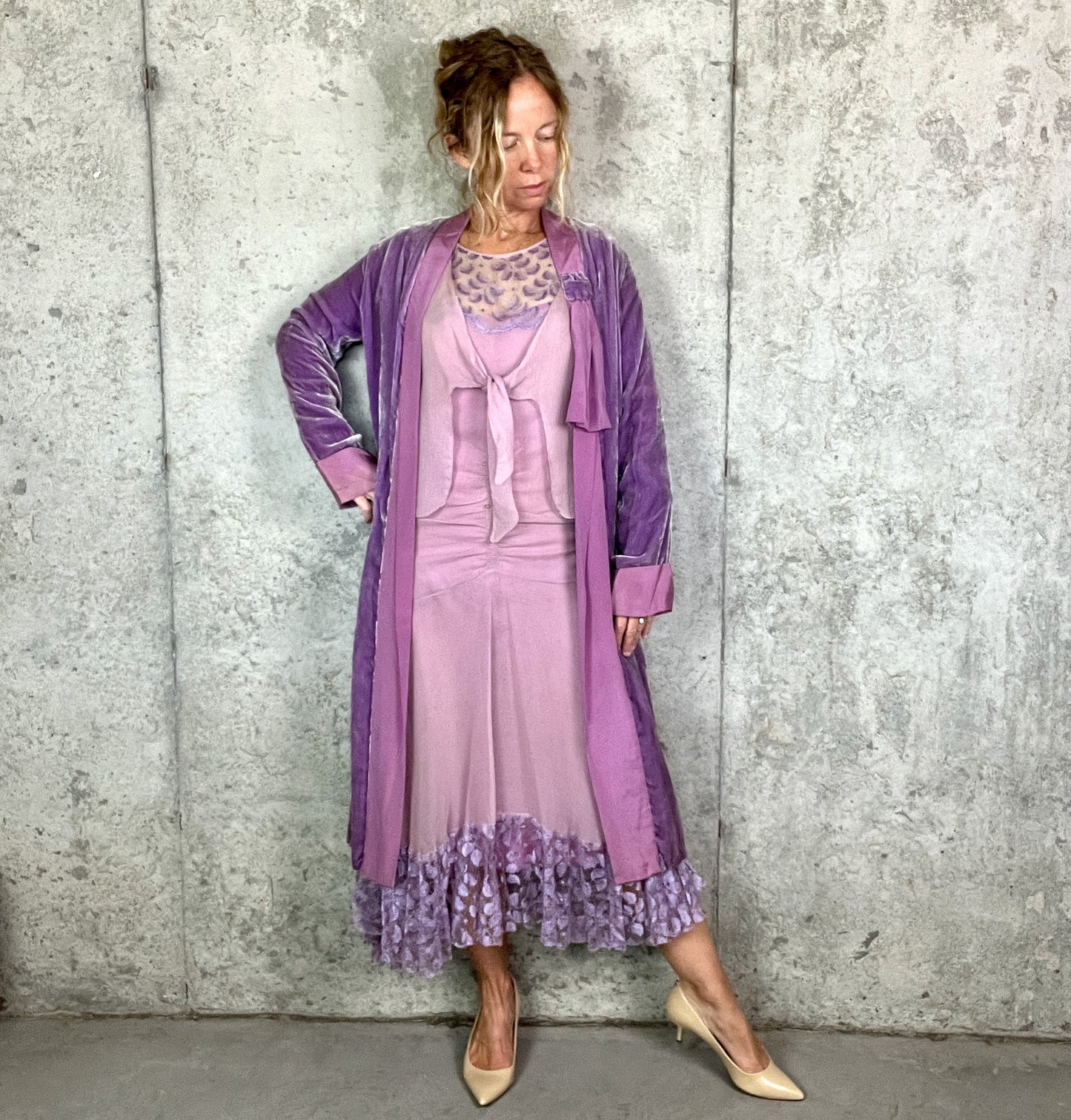 Rare Vintage Late 1920s Lavender Silk Georgette Lace Dress 3 Piece Set with Velvet Evening Coat
