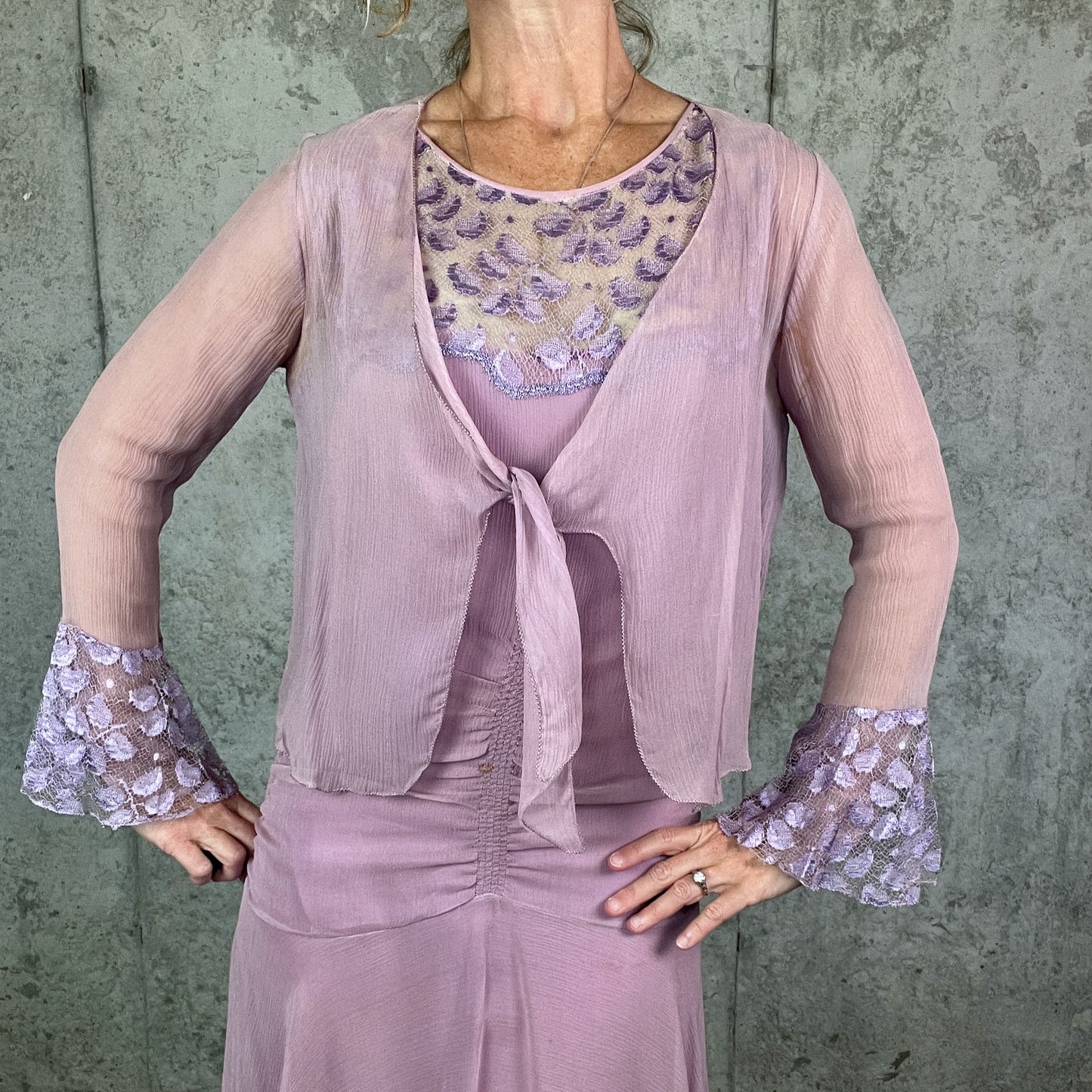Rare Vintage Late 1920s Lavender Silk Georgette Lace Dress 3 Piece Set with Velvet Evening Coat