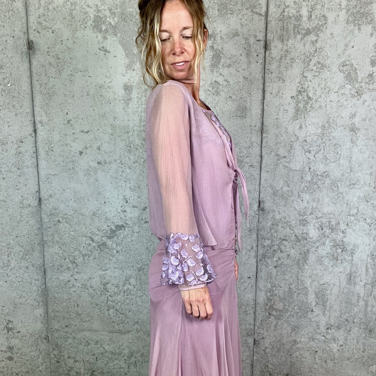 Rare Vintage Late 1920s Lavender Silk Georgette Lace Dress 3 Piece Set with Velvet Evening Coat