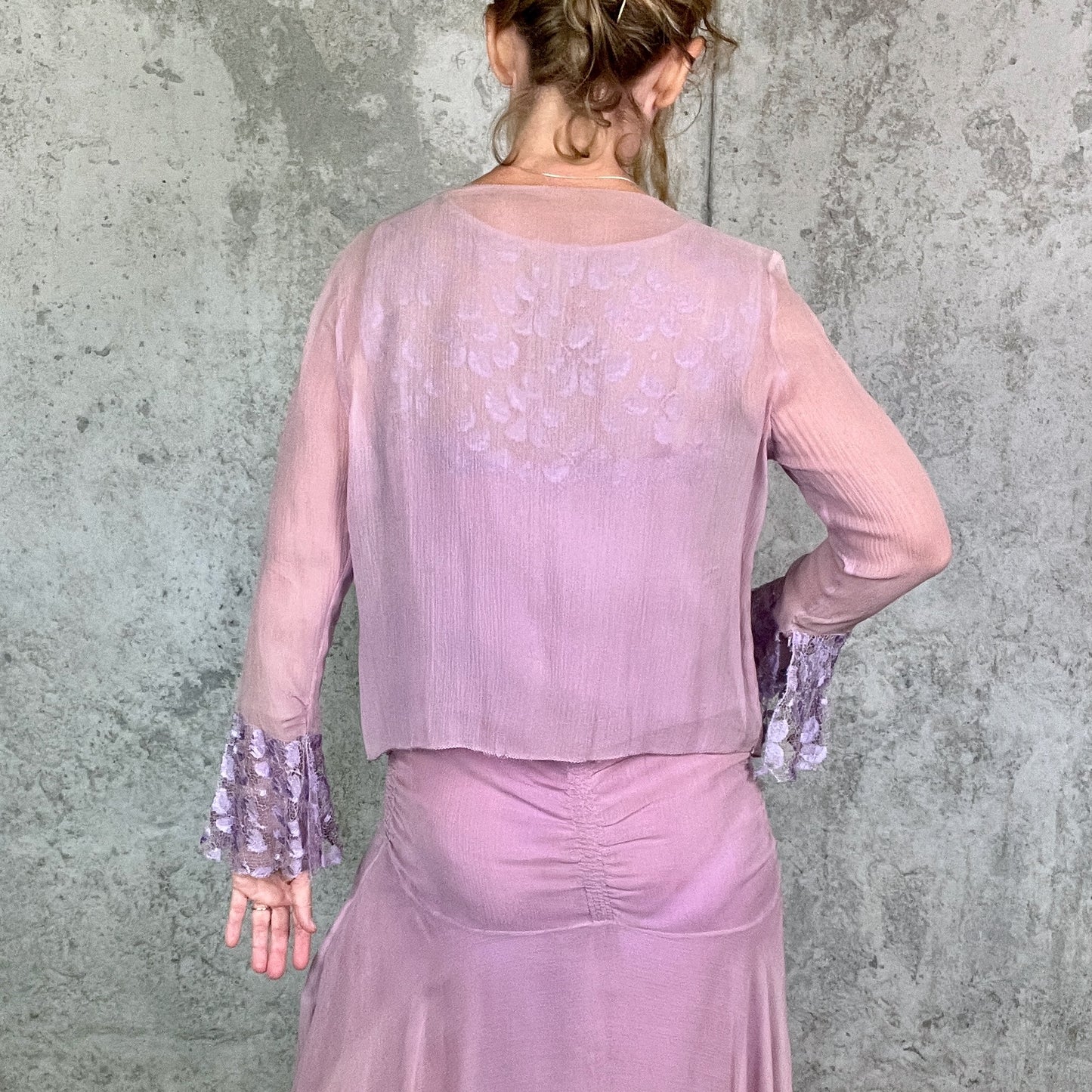 Rare Vintage Late 1920s Lavender Silk Georgette Lace Dress 3 Piece Set with Velvet Evening Coat