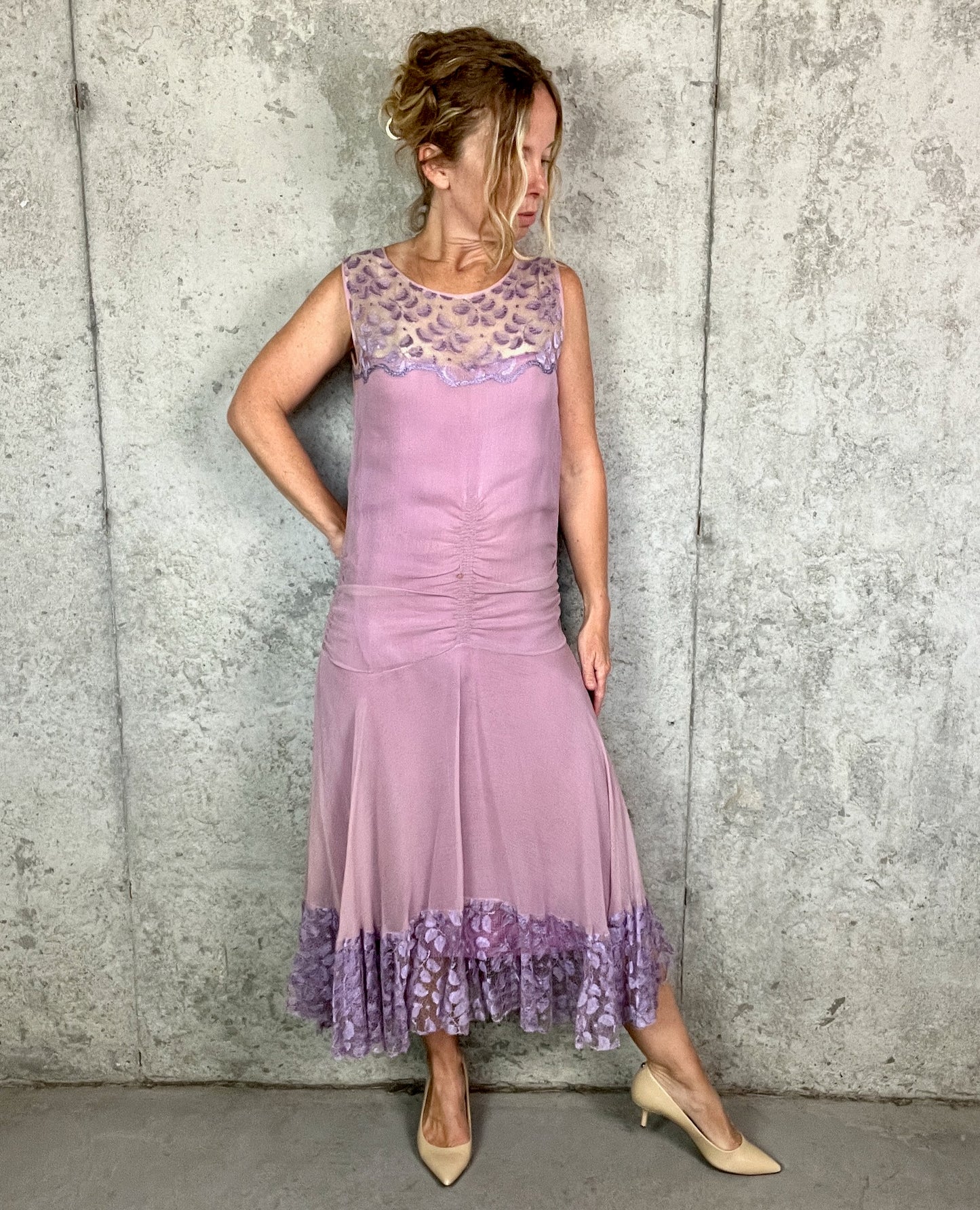 Rare Vintage Late 1920s Lavender Silk Georgette Lace Dress 3 Piece Set with Velvet Evening Coat