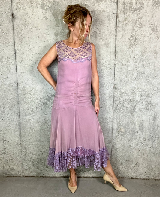 Rare Vintage Late 1920s Lavender Silk Georgette Lace Dress 3 Piece Set with Velvet Evening Coat