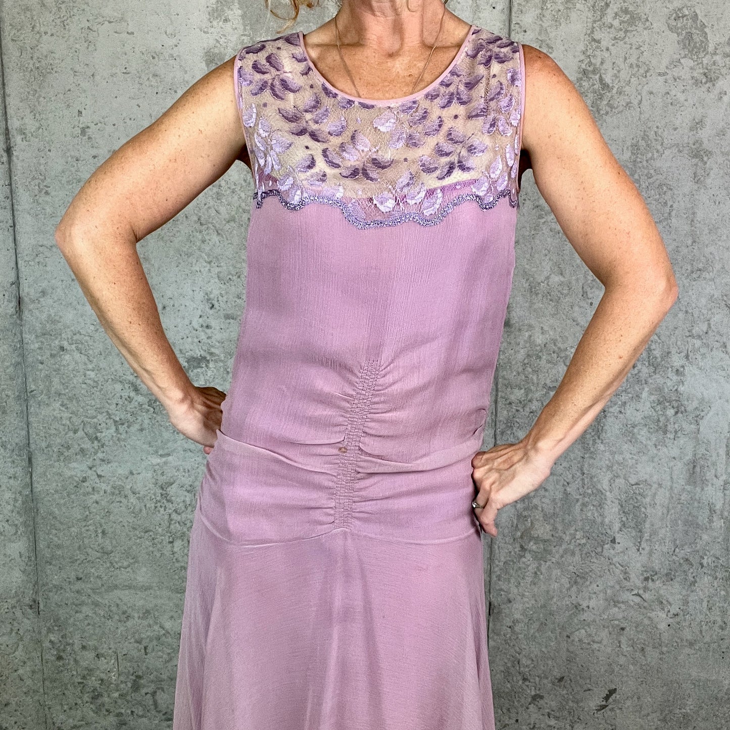 Rare Vintage Late 1920s Lavender Silk Georgette Lace Dress 3 Piece Set with Velvet Evening Coat