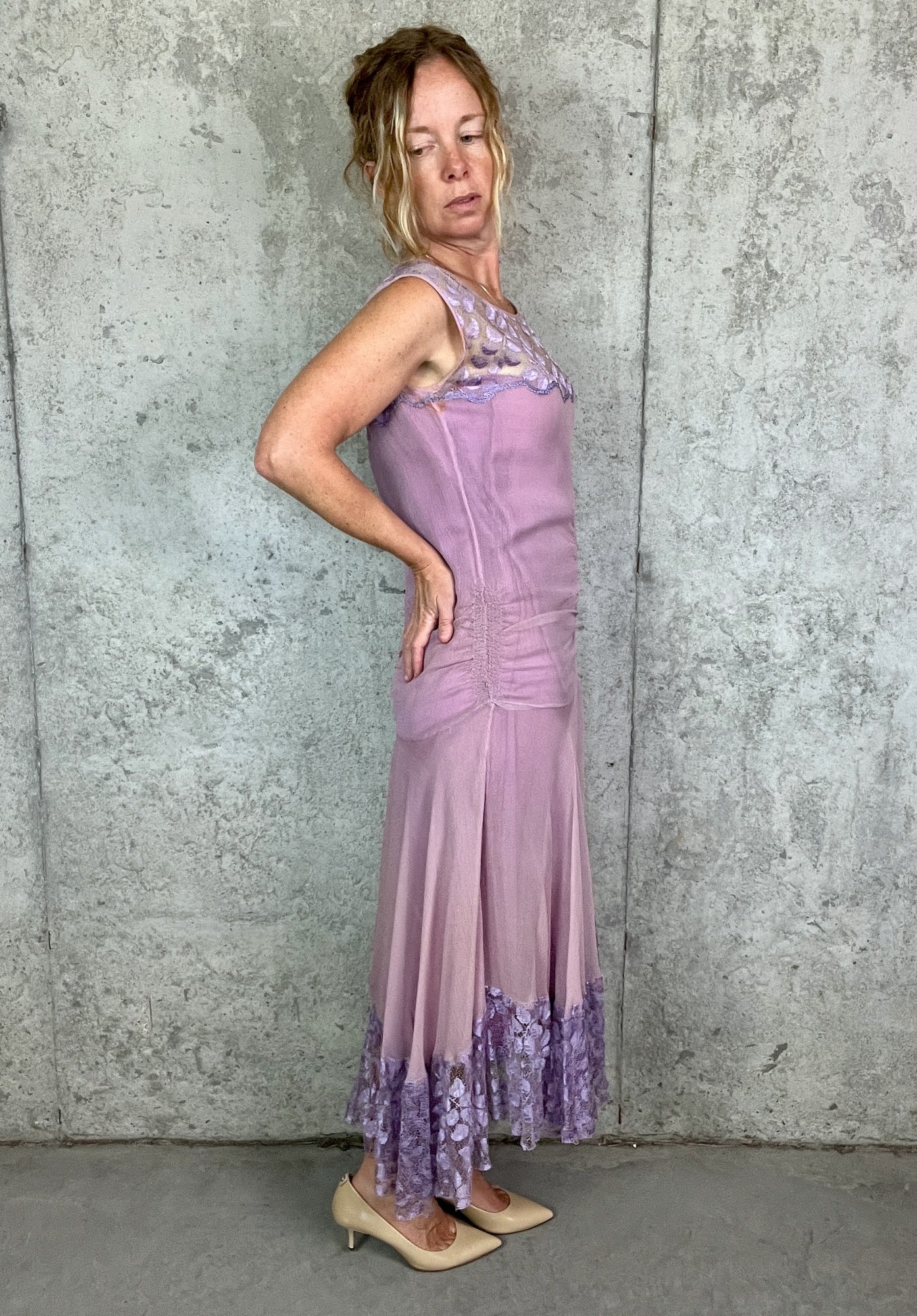 Rare Vintage Late 1920s Lavender Silk Georgette Lace Dress 3 Piece Set with Velvet Evening Coat