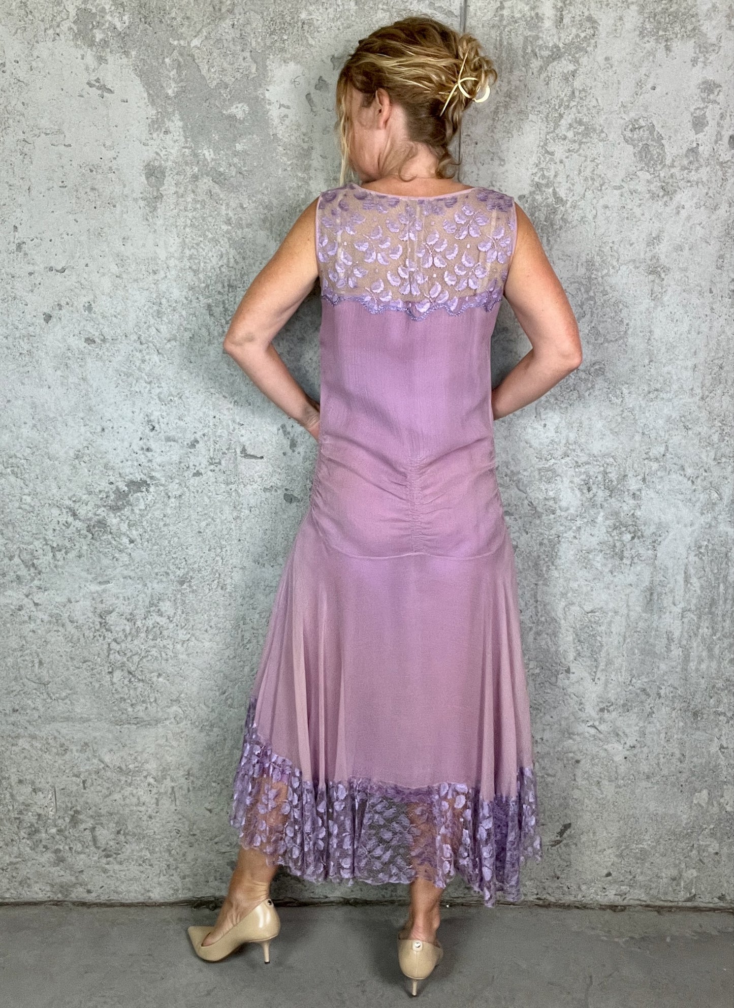 Rare Vintage Late 1920s Lavender Silk Georgette Lace Dress 3 Piece Set with Velvet Evening Coat