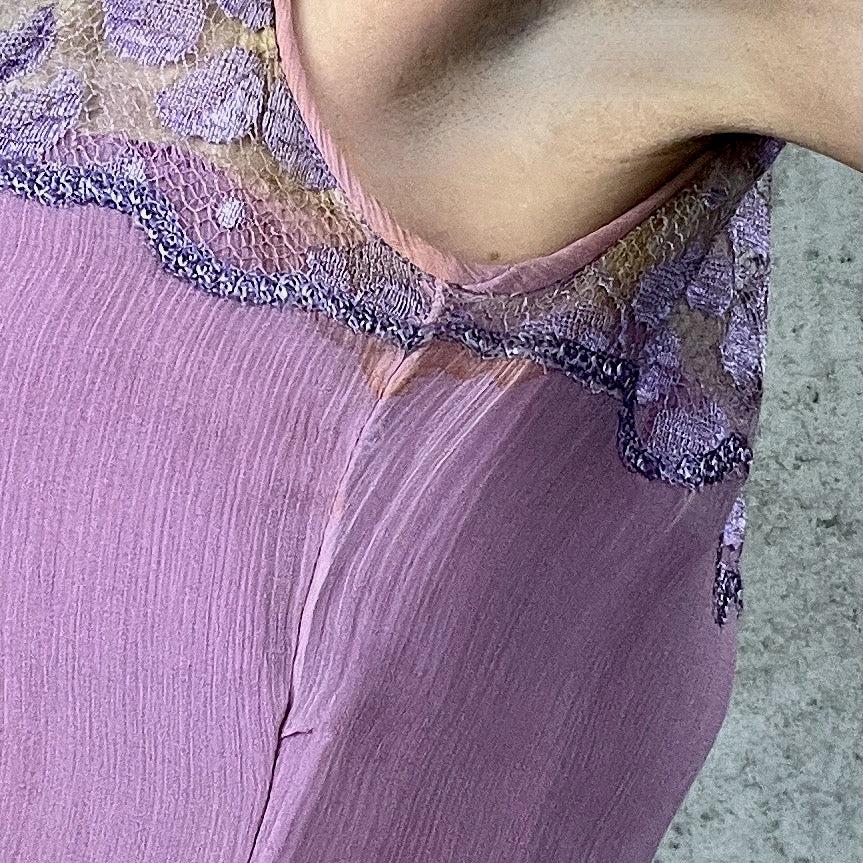 Rare Vintage Late 1920s Lavender Silk Georgette Lace Dress 3 Piece Set with Velvet Evening Coat