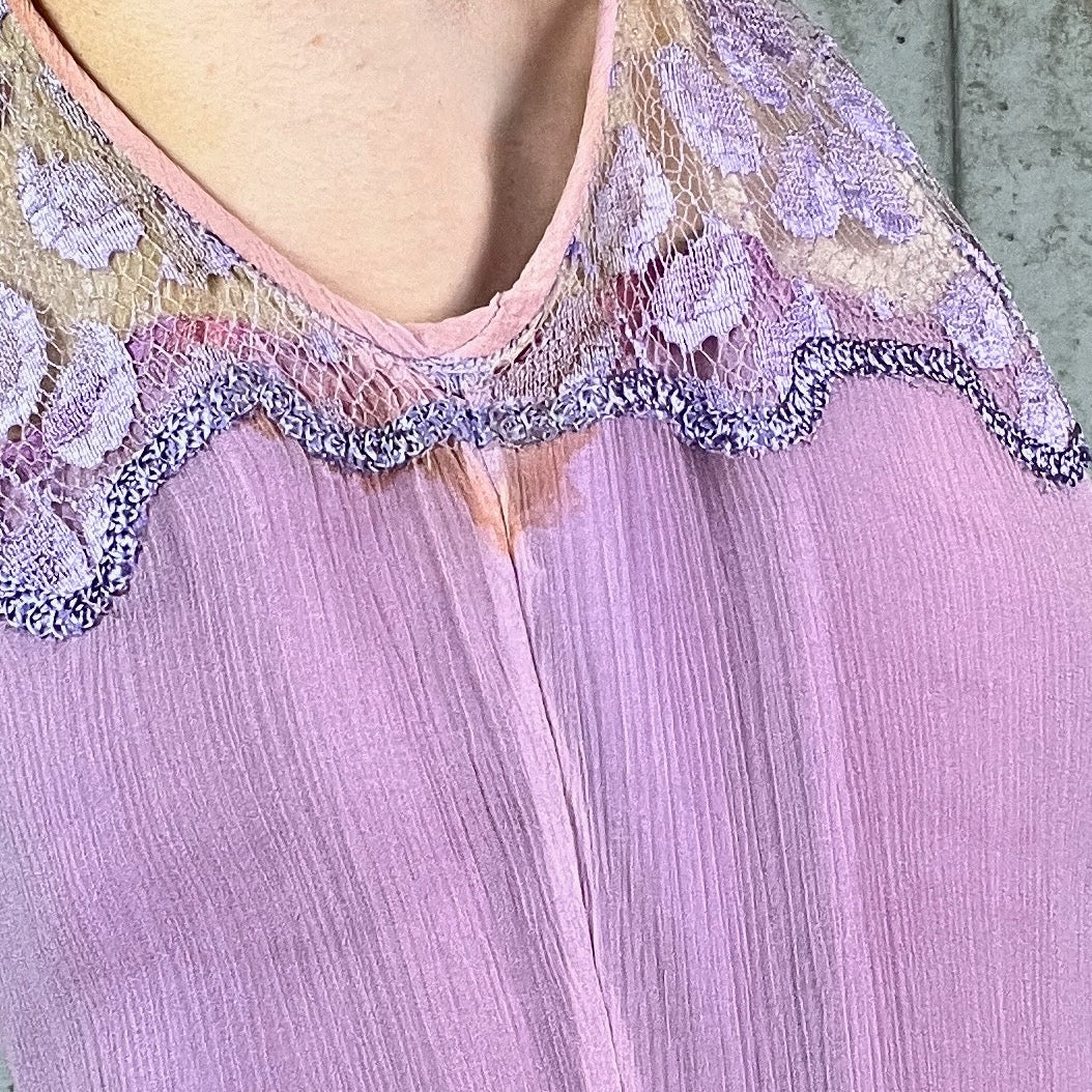 Rare Vintage Late 1920s Lavender Silk Georgette Lace Dress 3 Piece Set with Velvet Evening Coat