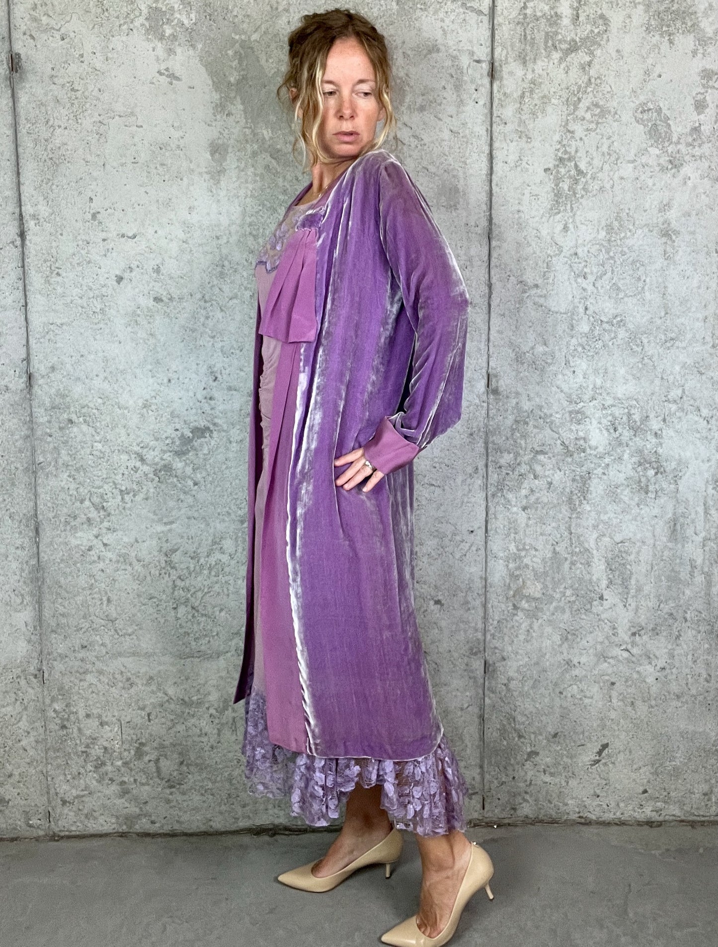Rare Vintage Late 1920s Lavender Silk Georgette Lace Dress 3 Piece Set with Velvet Evening Coat