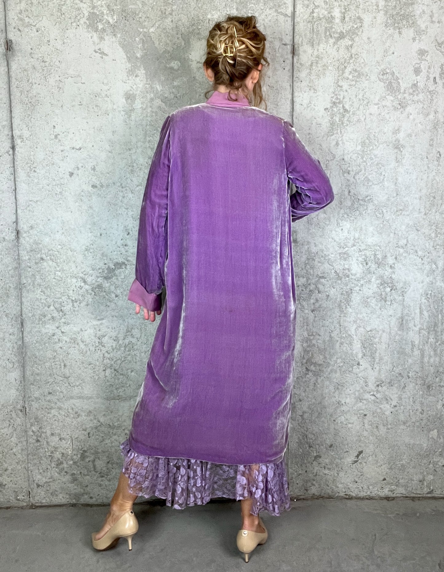 Rare Vintage Late 1920s Lavender Silk Georgette Lace Dress 3 Piece Set with Velvet Evening Coat