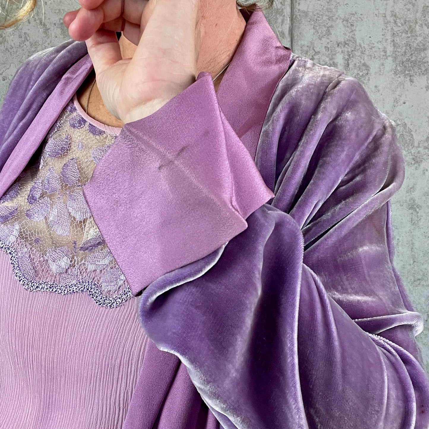 Rare Vintage Late 1920s Lavender Silk Georgette Lace Dress 3 Piece Set with Velvet Evening Coat