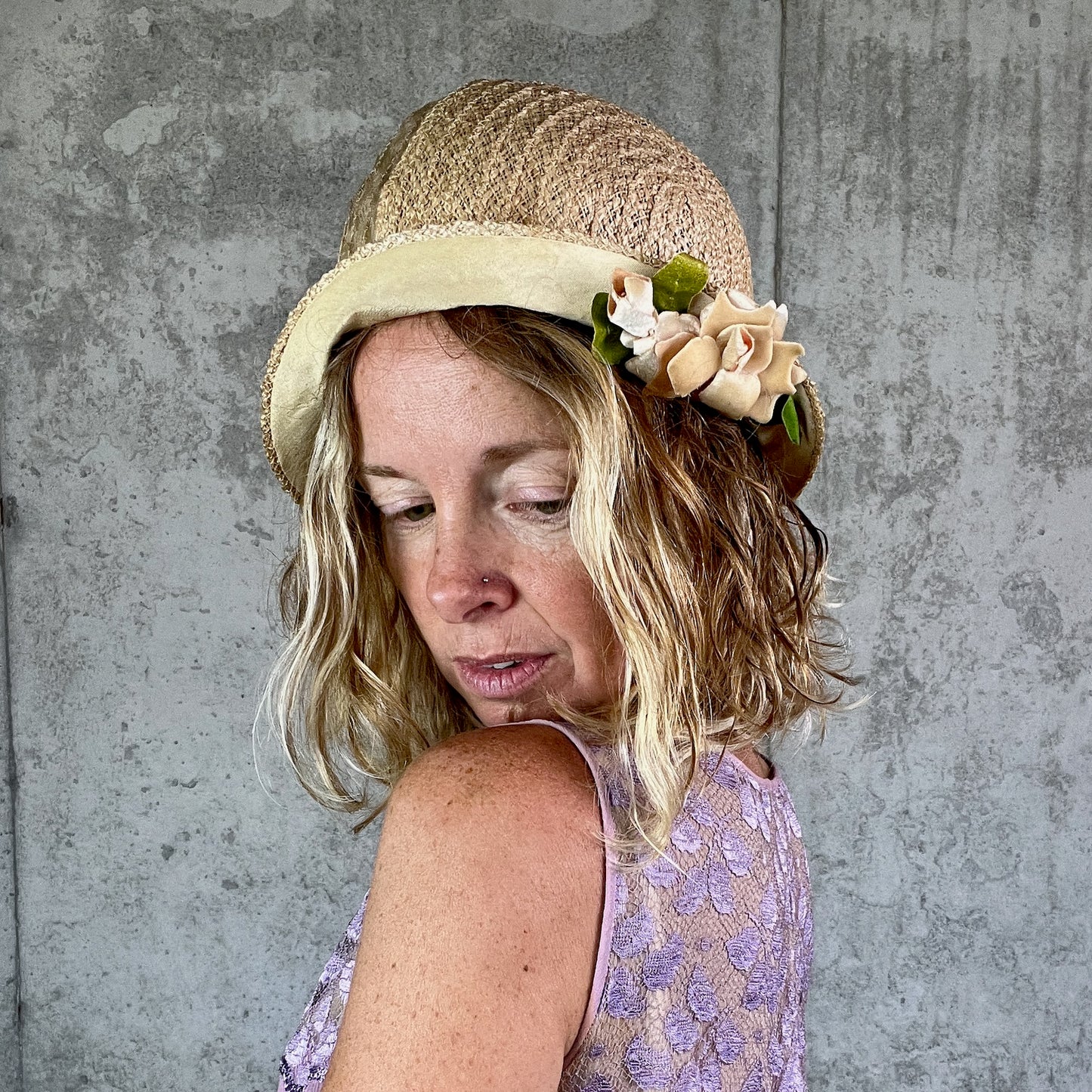 Vintage 1920s Straw & Horsehair Cloche Hat with Wide Upturned Brim and Velvet Flowers