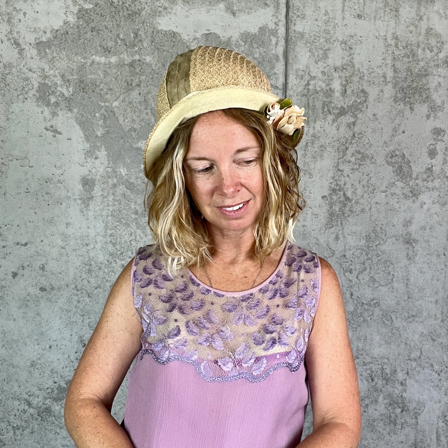 Vintage 1920s Straw & Horsehair Cloche Hat with Wide Upturned Brim and Velvet Flowers