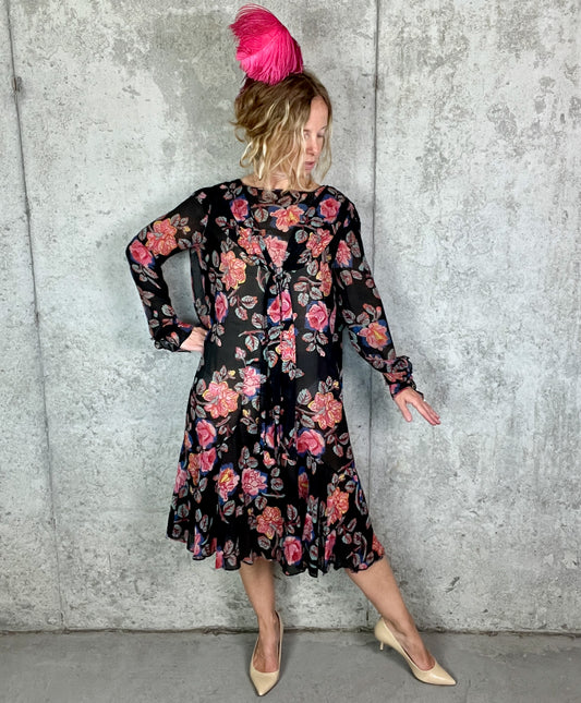 Vintage 1920s Sheer Floral Silk Gauze Day Dress with Tie-Front Shawl Collar