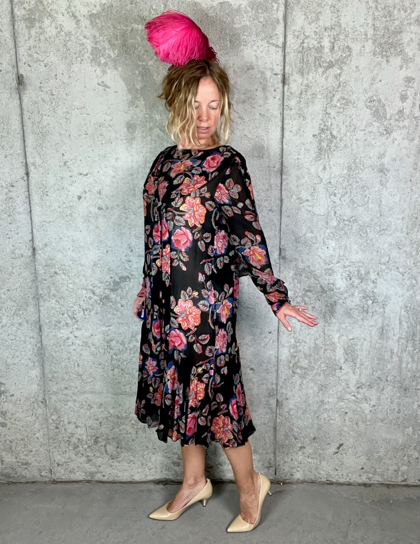 Vintage 1920s Sheer Floral Silk Gauze Day Dress with Tie-Front Shawl Collar