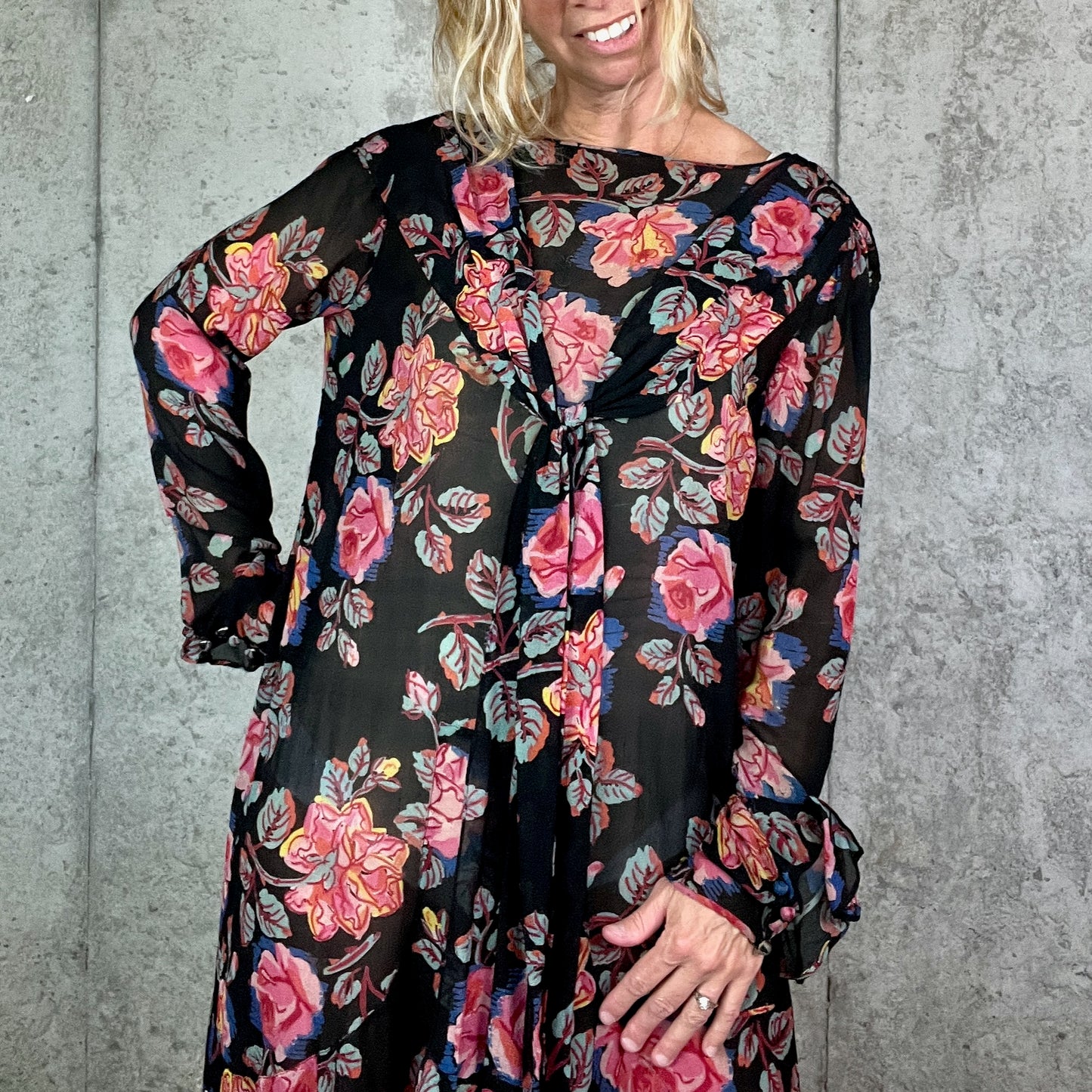Vintage 1920s Sheer Floral Silk Gauze Day Dress with Tie-Front Shawl Collar