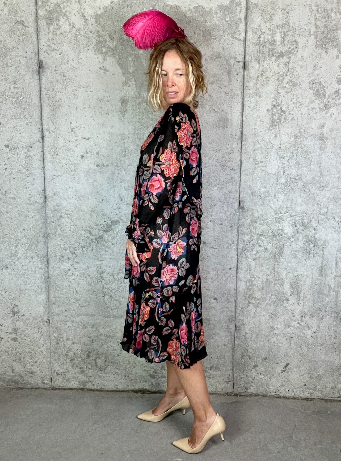 Vintage 1920s Sheer Floral Silk Gauze Day Dress with Tie-Front Shawl Collar