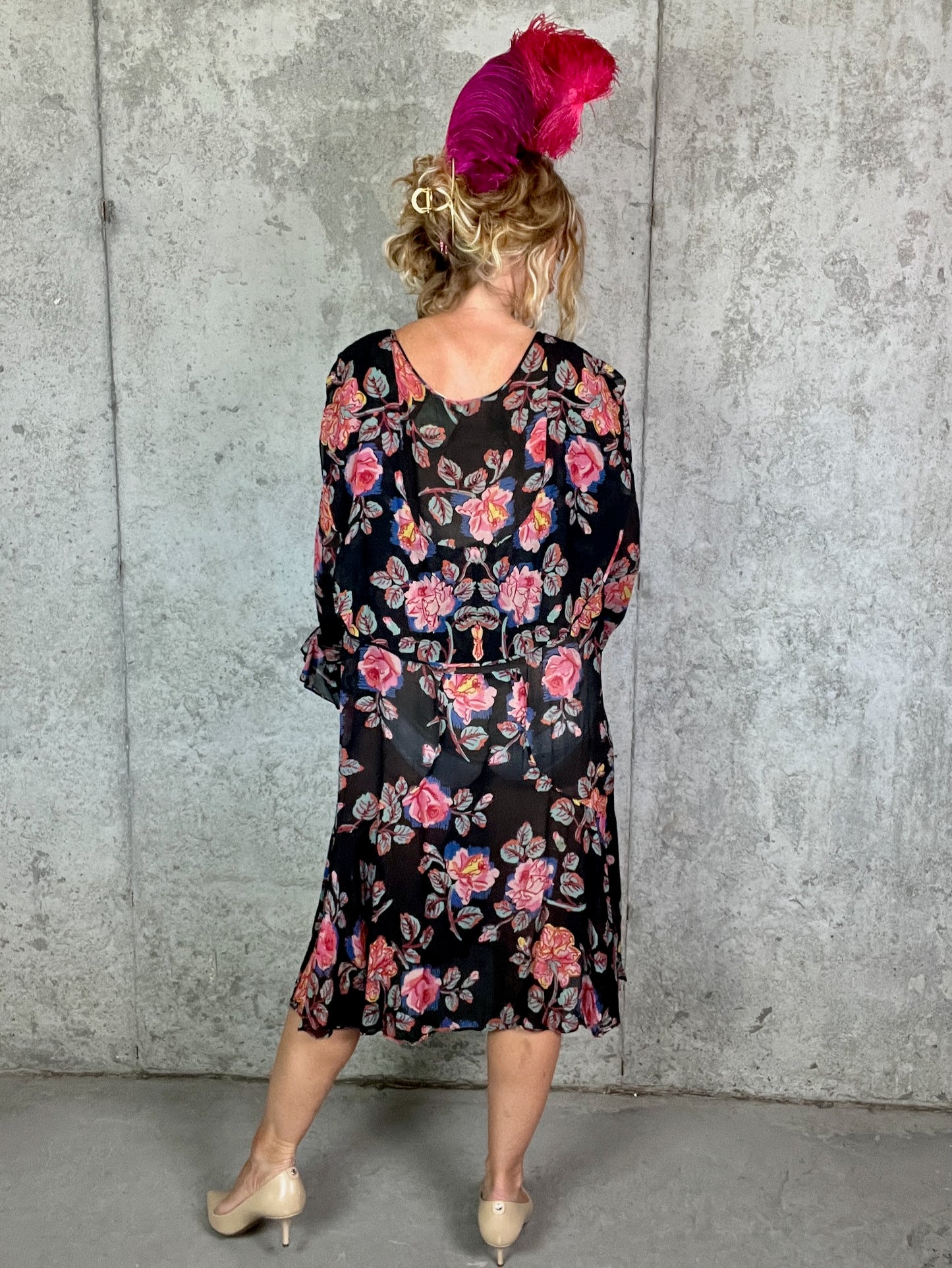 Vintage 1920s Sheer Floral Silk Gauze Day Dress with Tie-Front Shawl Collar