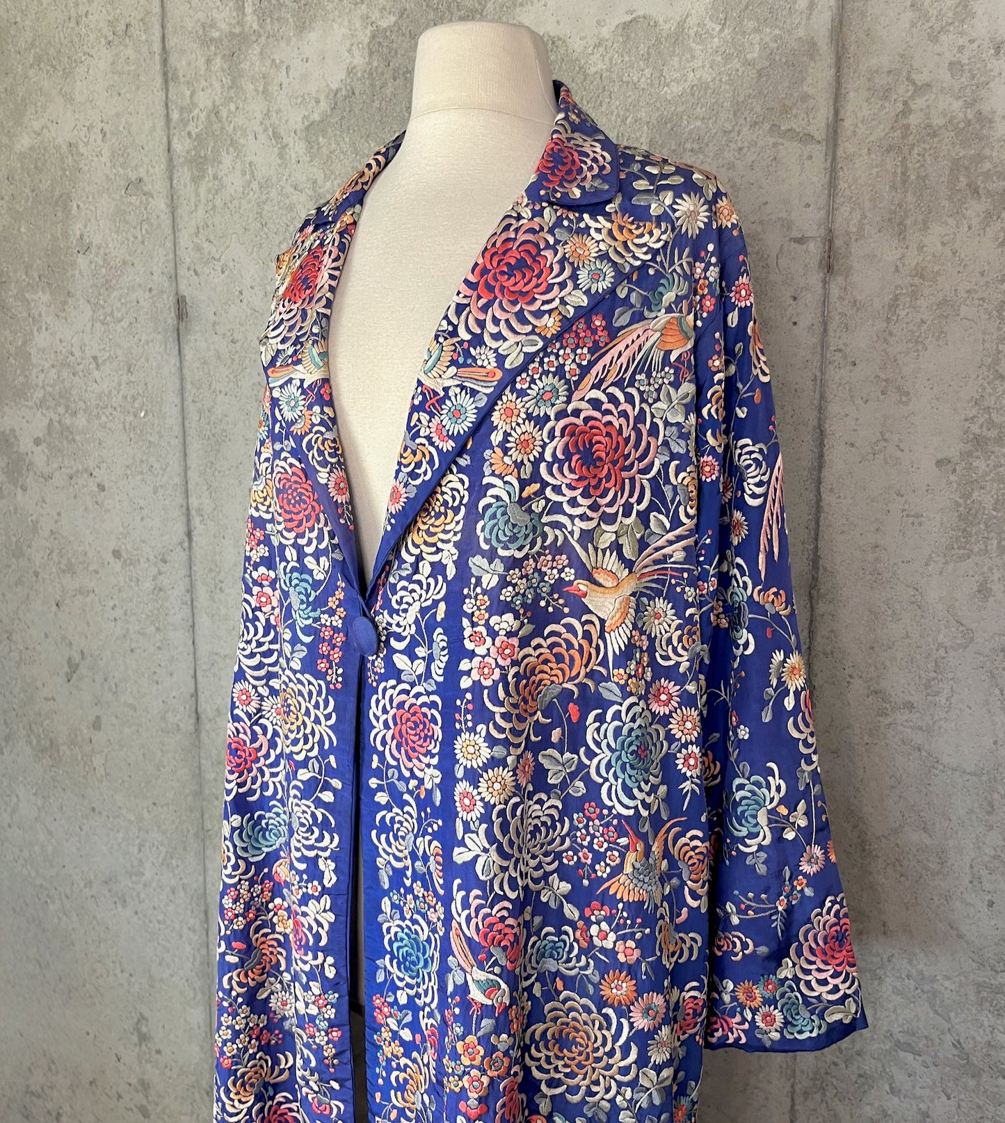 Rare 1920s Chinese Export Hand Embroidered Silk Evening Coat with Birds & Flowers