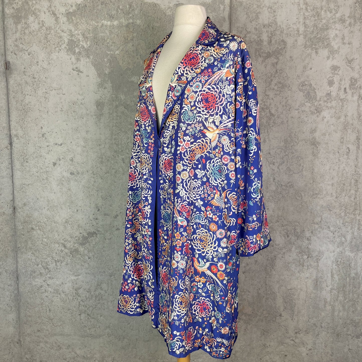 Rare 1920s Chinese Export Hand Embroidered Silk Evening Coat with Birds & Flowers