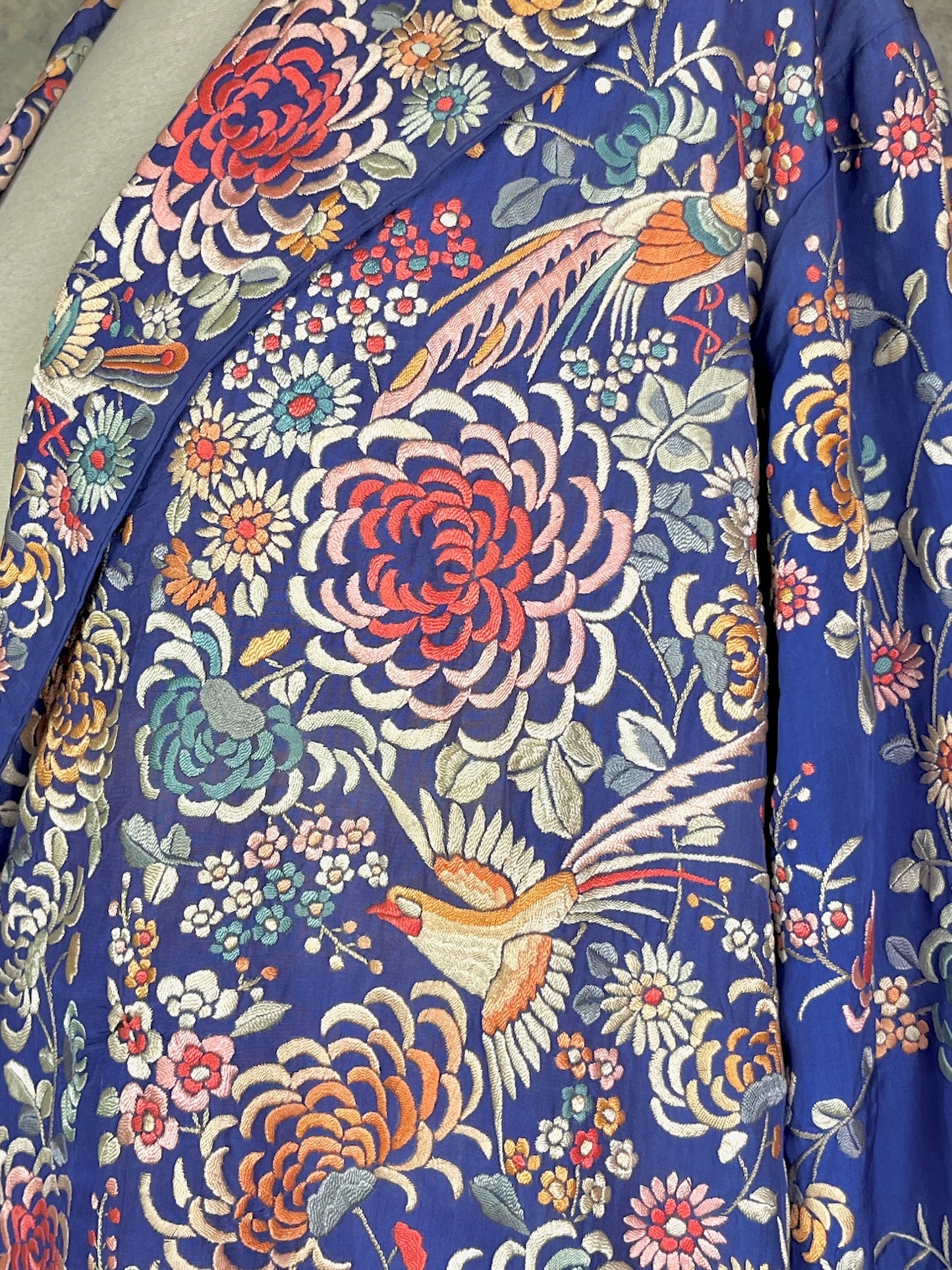 Rare 1920s Chinese Export Hand Embroidered Silk Evening Coat with Birds & Flowers