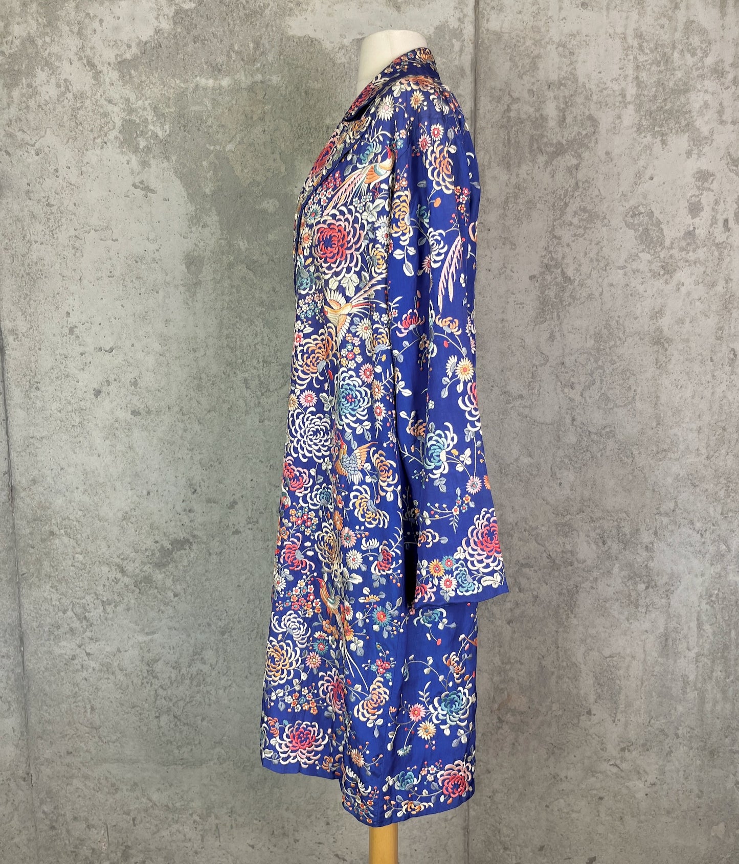 Rare 1920s Chinese Export Hand Embroidered Silk Evening Coat with Birds & Flowers