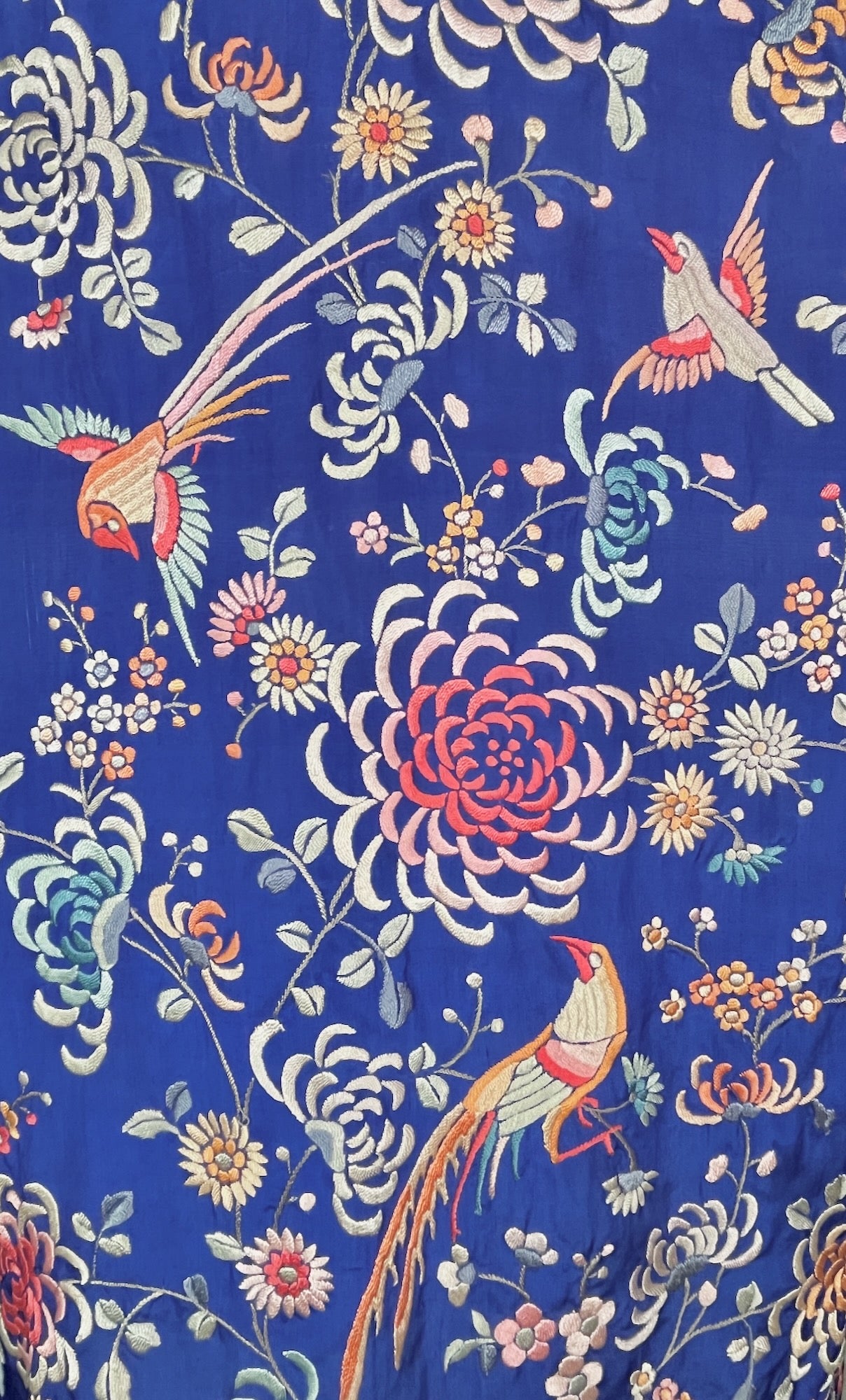 Rare 1920s Chinese Export Hand Embroidered Silk Evening Coat with Birds & Flowers