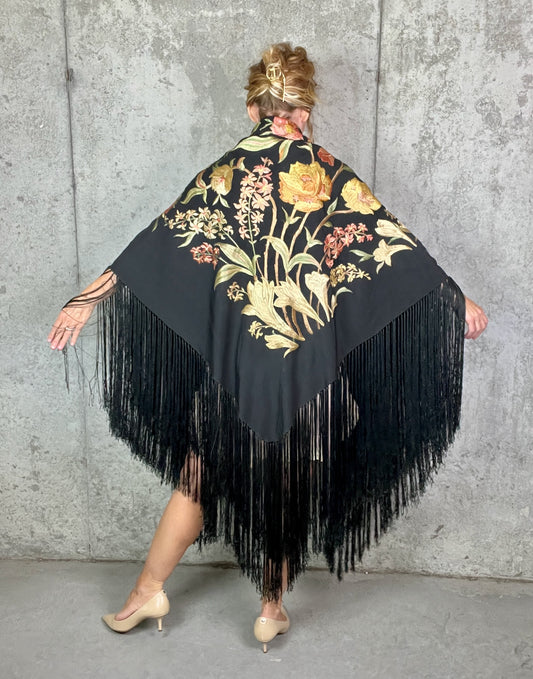 Vintage 1920s 30s Hand Embroidered Silk Crepe Fringe Piano Shawl