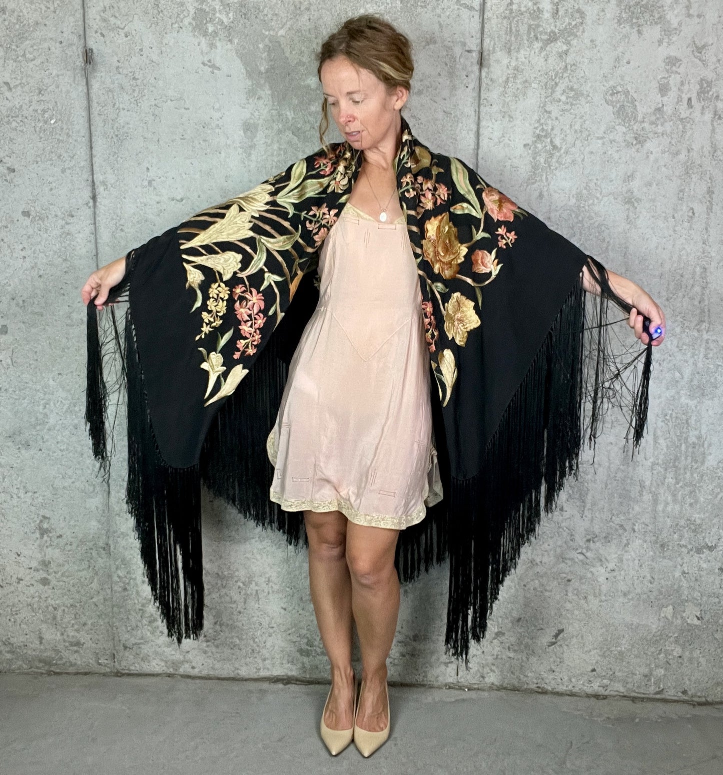 Vintage 1920s 30s Hand Embroidered Silk Crepe Fringe Piano Shawl