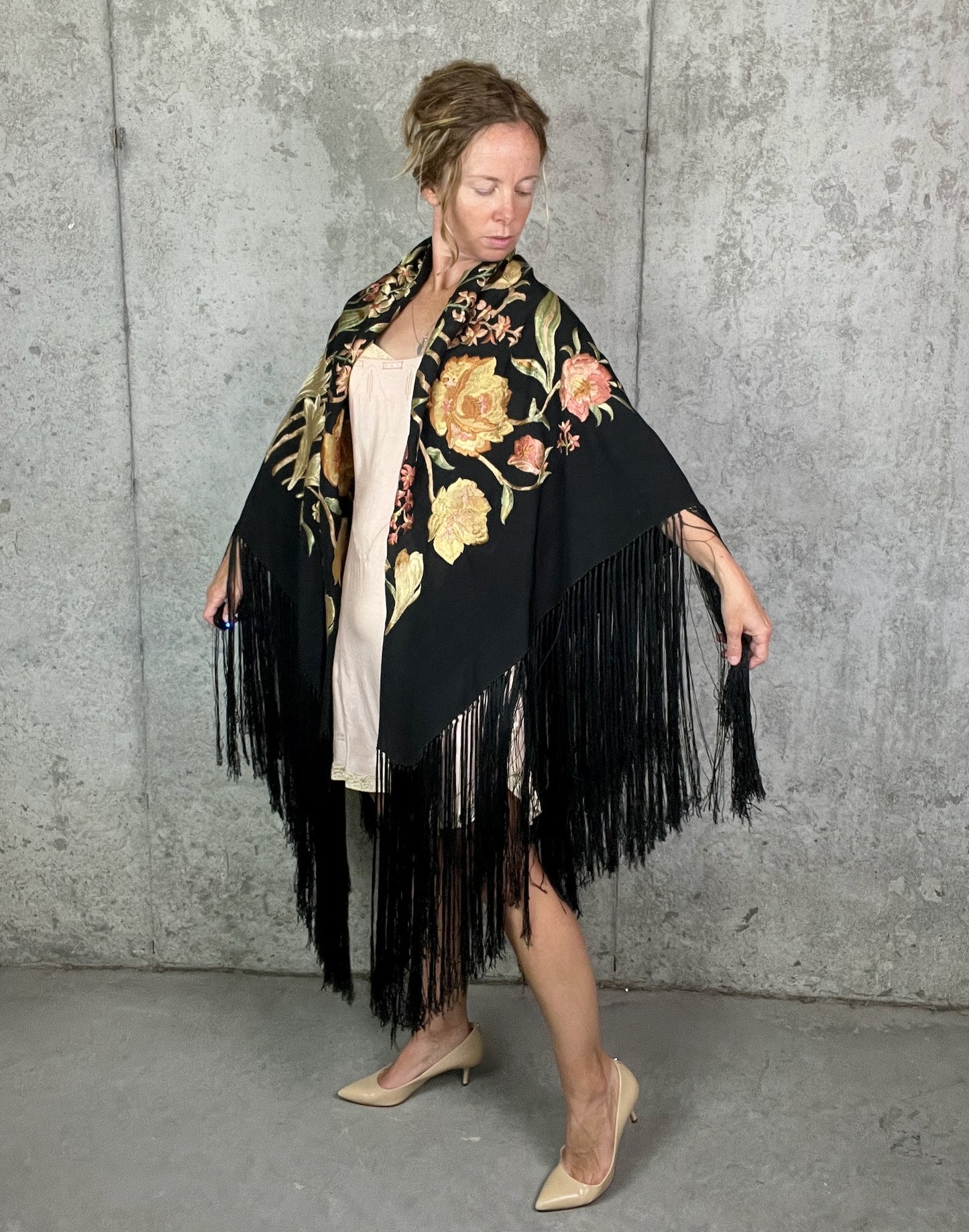 Vintage 1920s 30s Hand Embroidered Silk Crepe Fringe Piano Shawl