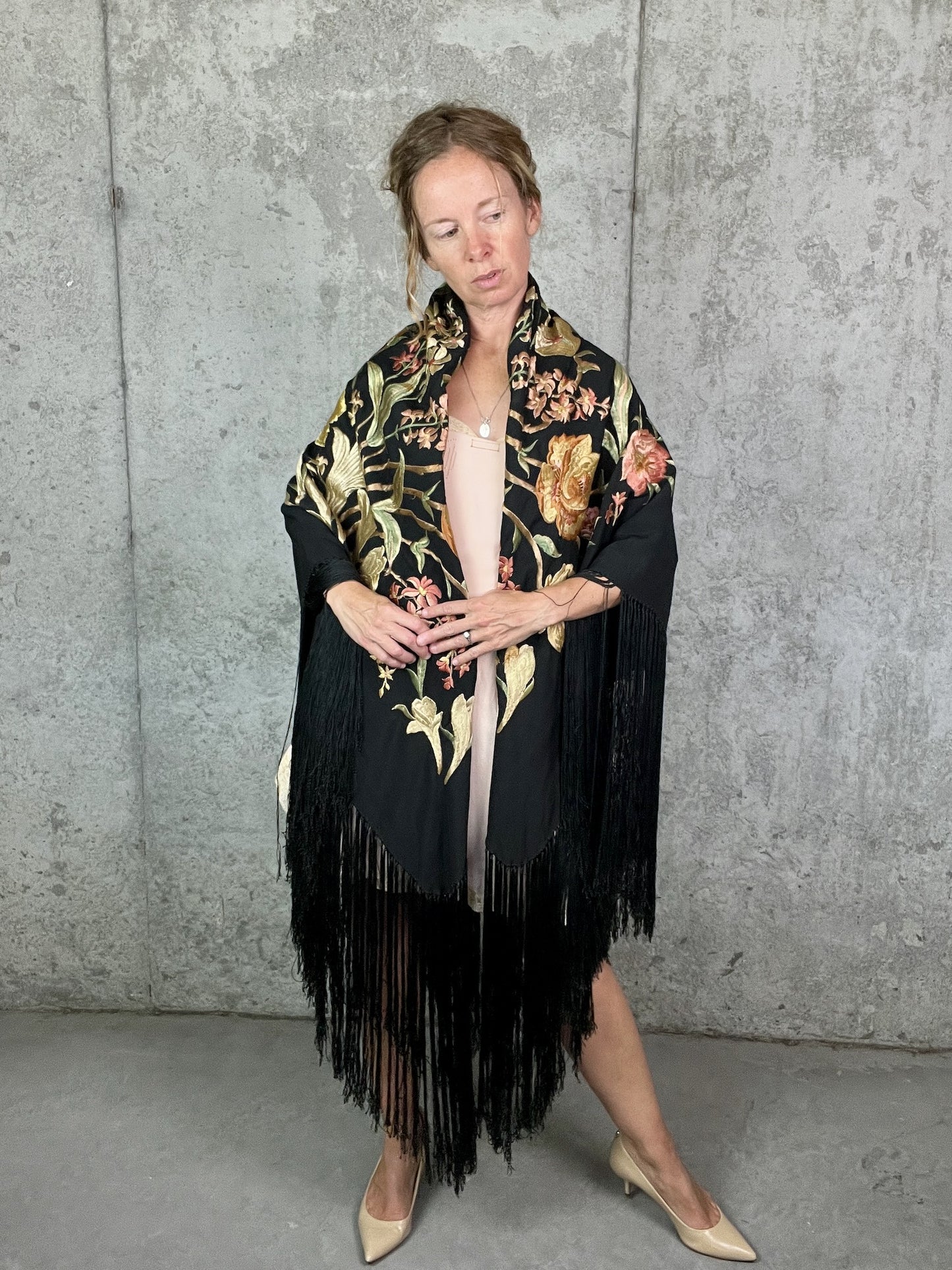 Vintage 1920s 30s Hand Embroidered Silk Crepe Fringe Piano Shawl