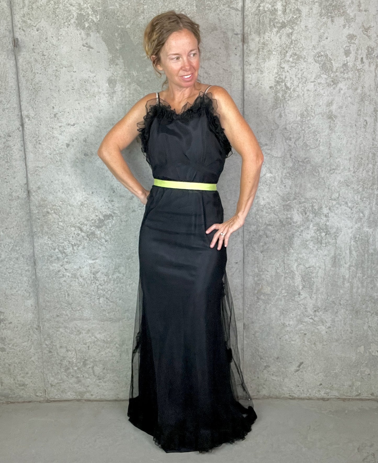 Vintage 1930s Black Tulle Net Evening Gown with Ruffled Back & Bias Cut Slip