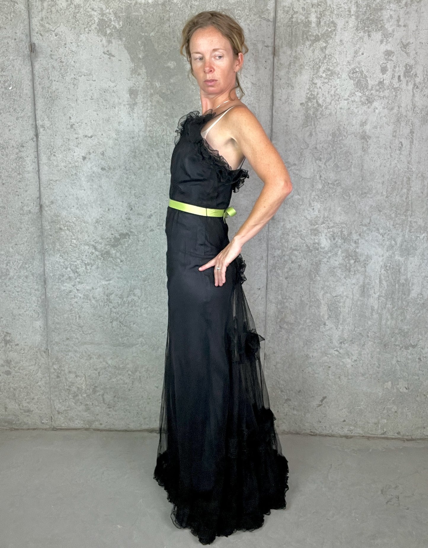 Vintage 1930s Black Tulle Net Evening Gown with Ruffled Back & Bias Cut Slip