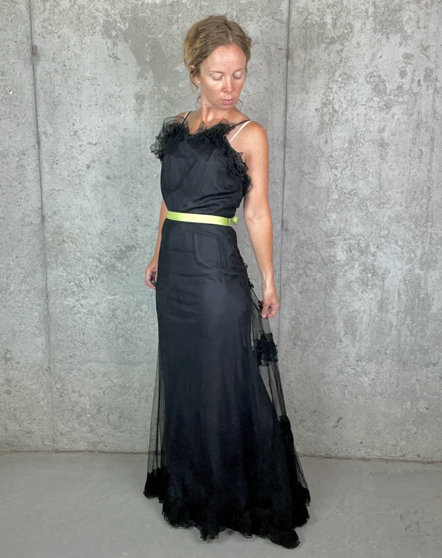 Vintage 1930s Black Tulle Net Evening Gown with Ruffled Back & Bias Cut Slip