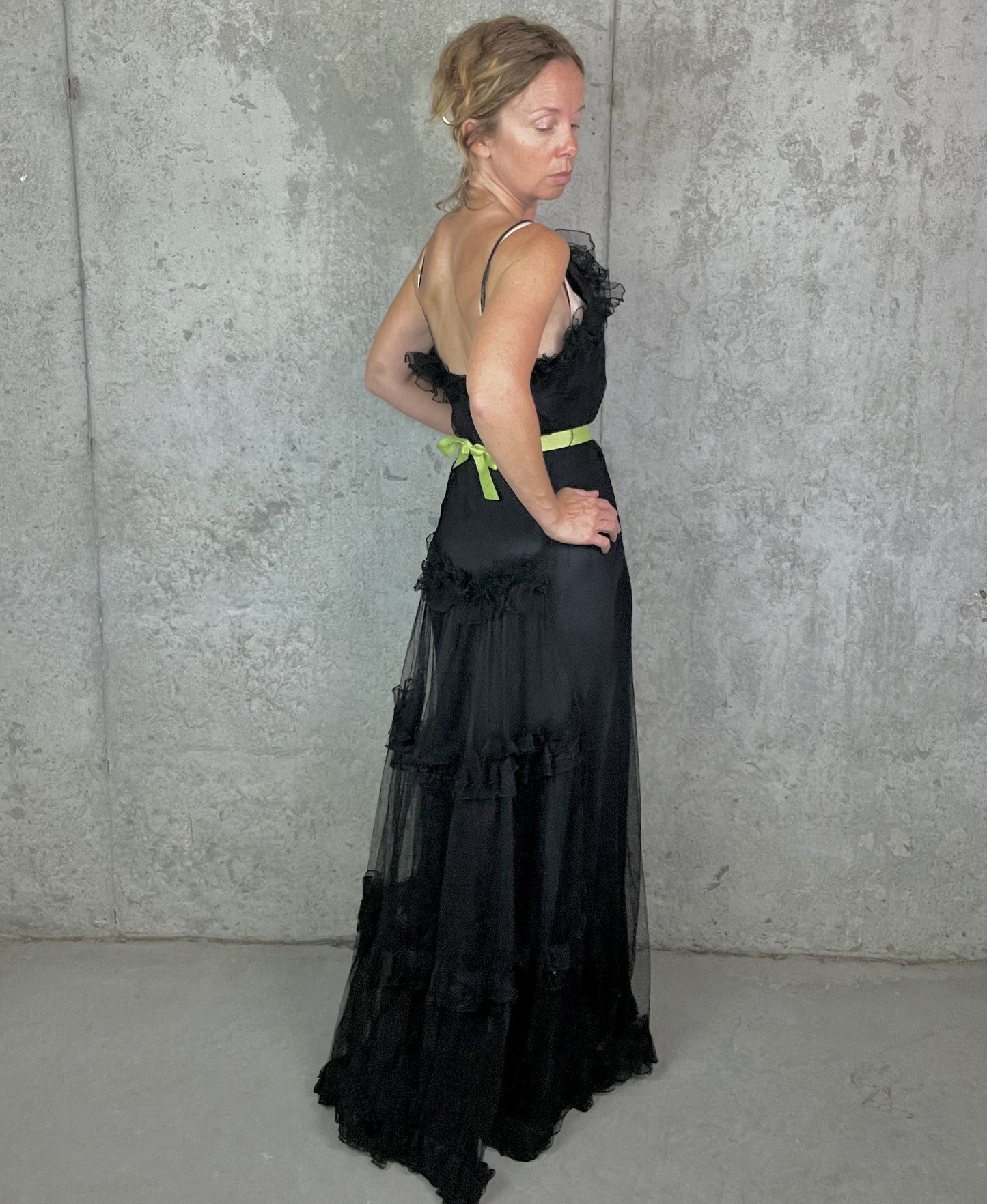 Vintage 1930s Black Tulle Net Evening Gown with Ruffled Back & Bias Cut Slip