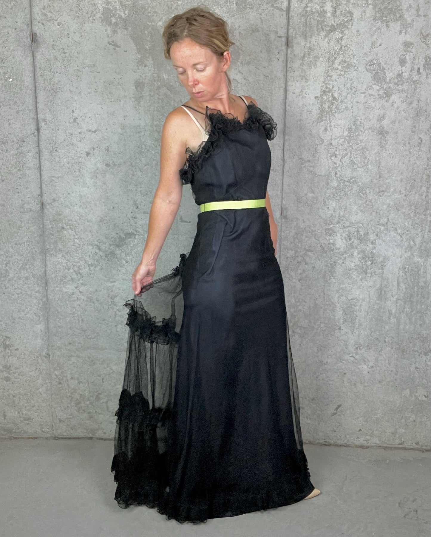 Vintage 1930s Black Tulle Net Evening Gown with Ruffled Back & Bias Cut Slip