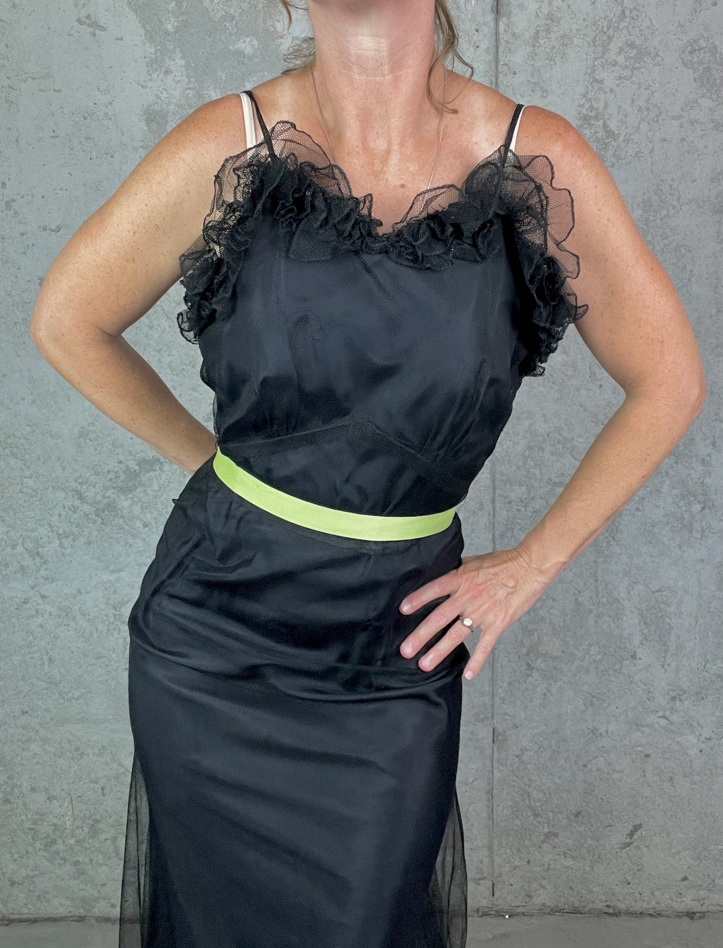 Vintage 1930s Black Tulle Net Evening Gown with Ruffled Back & Bias Cut Slip