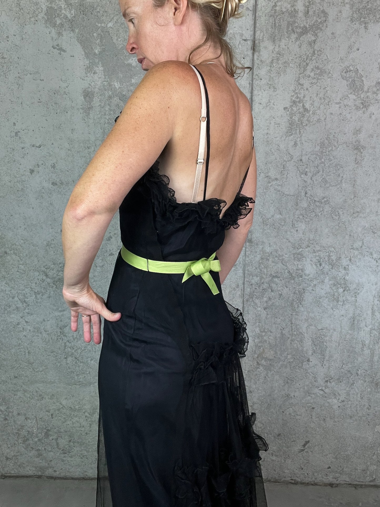 Vintage 1930s Black Tulle Net Evening Gown with Ruffled Back & Bias Cut Slip