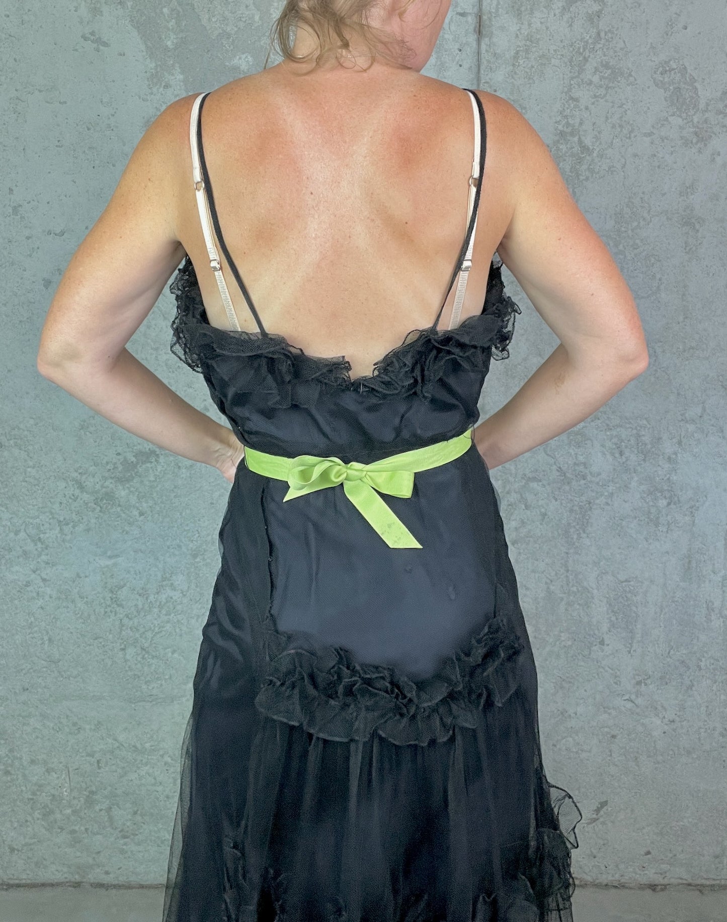 Vintage 1930s Black Tulle Net Evening Gown with Ruffled Back & Bias Cut Slip