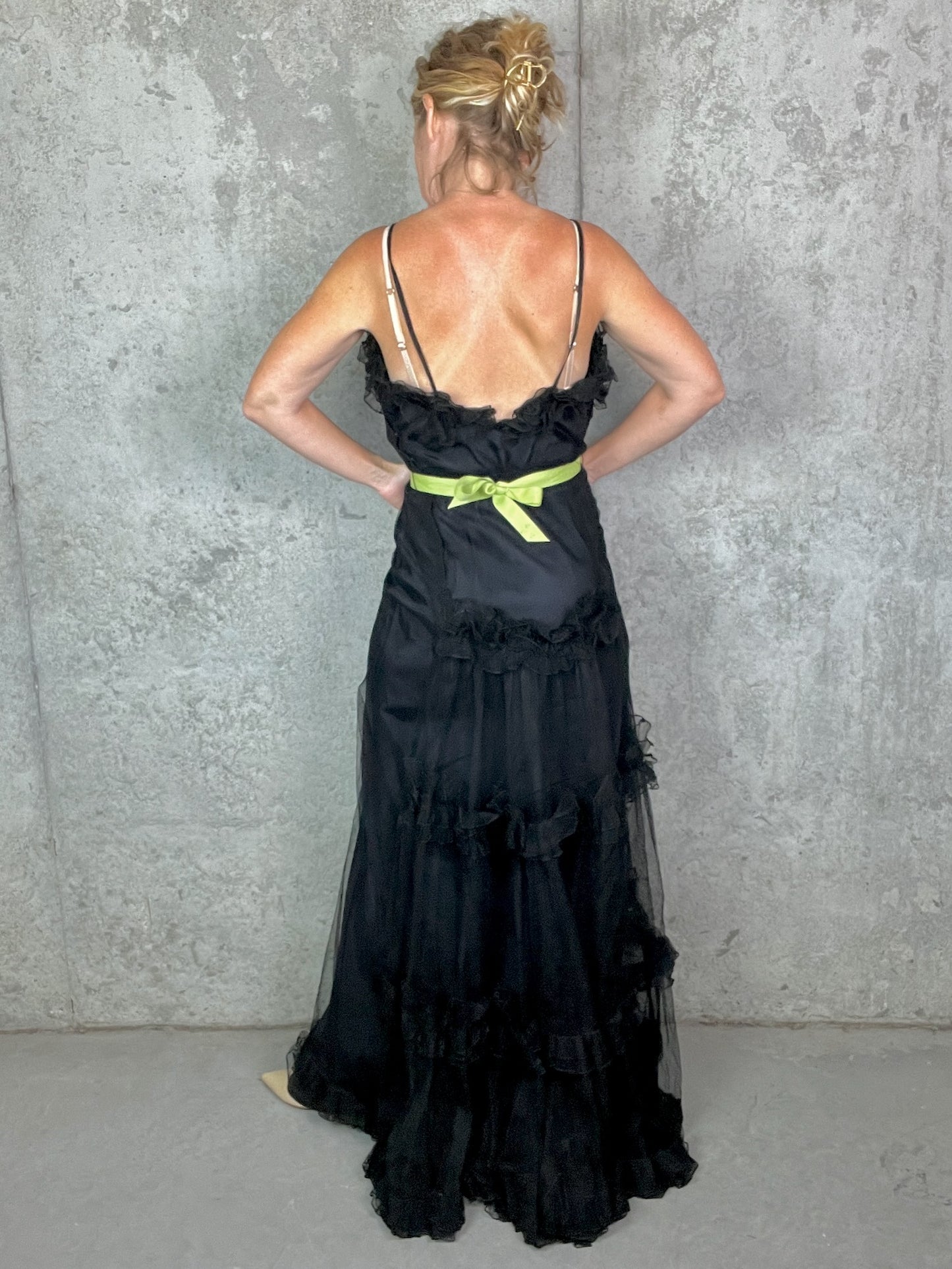 Vintage 1930s Black Tulle Net Evening Gown with Ruffled Back & Bias Cut Slip