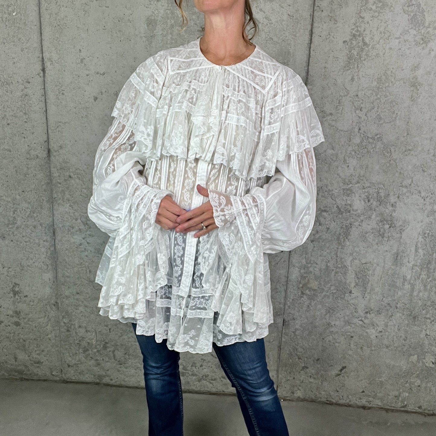 Antique 1900s Edwardian Cotton Insertion Lace Combing Jacket with Dramatic Bell Sleeves