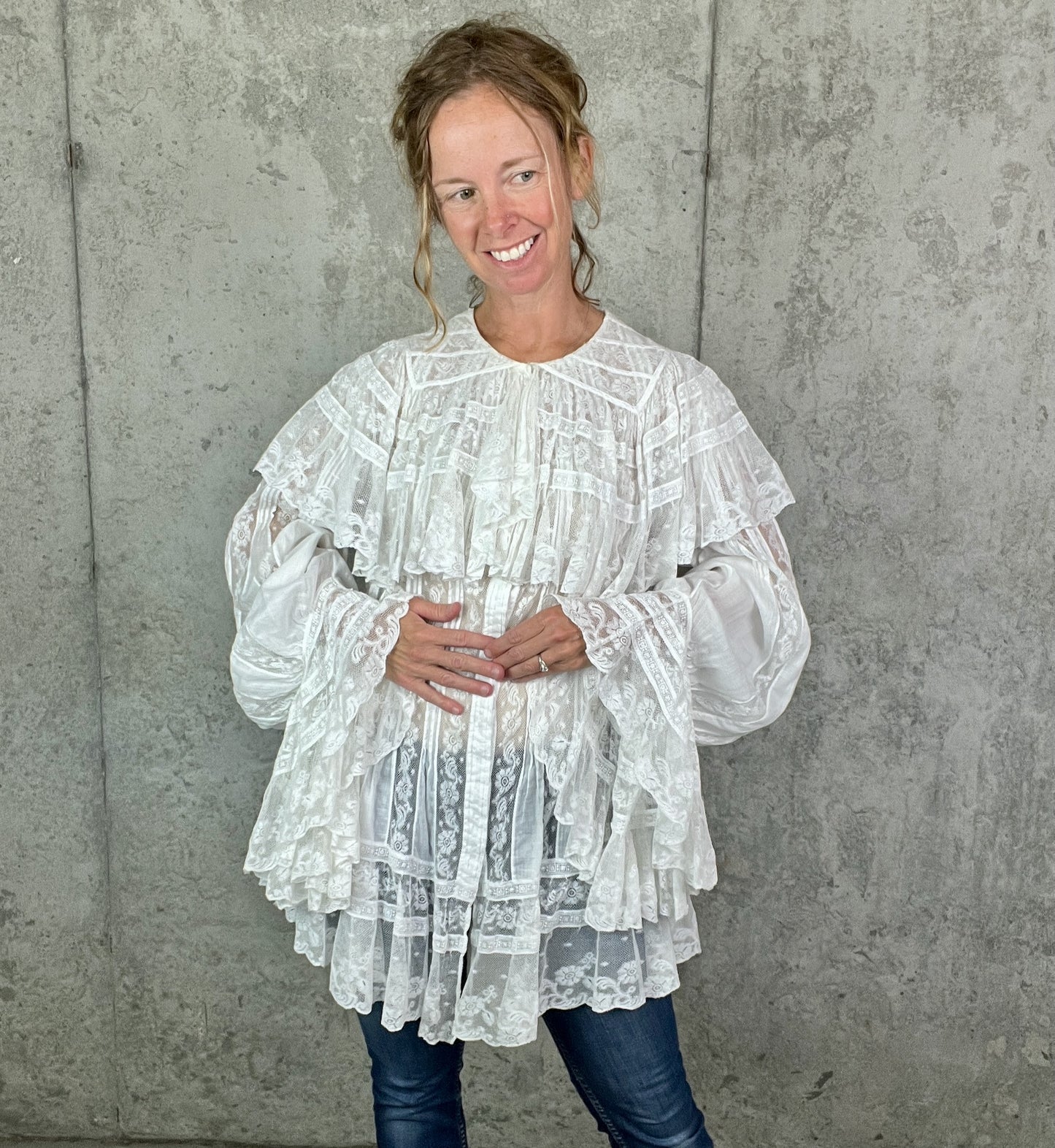 Antique 1900s Edwardian Cotton Insertion Lace Combing Jacket with Dramatic Bell Sleeves