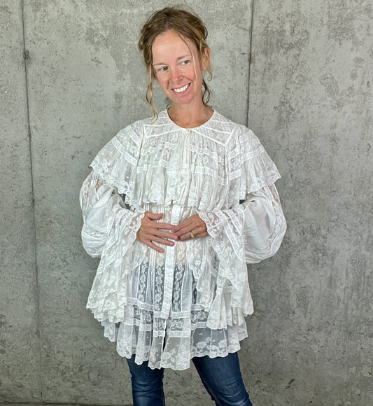 Antique 1900s Edwardian Cotton Insertion Lace Combing Jacket with Dramatic Bell Sleeves